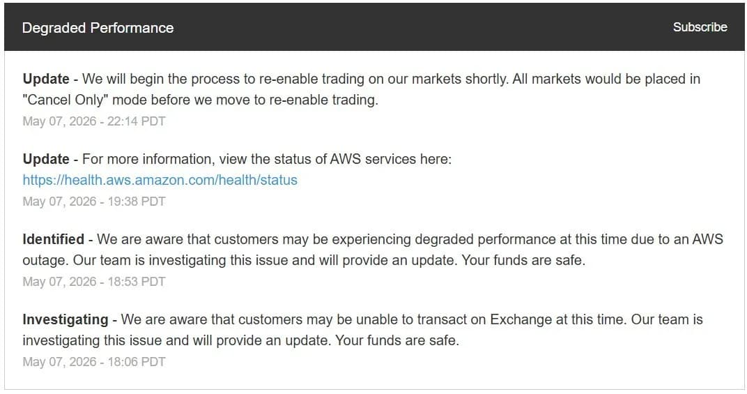 AWS 服务中断后,Coinbase 交易所“性能下降”持续逾两小时