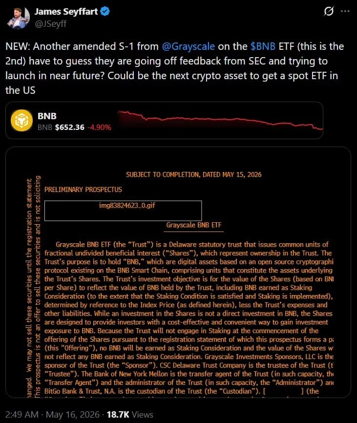 随着美国证交会审查力度加大,灰度与Vaneck均更新了现货BNB ETF的申报文件