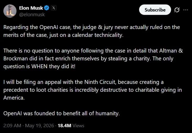 埃隆·马斯克在OpenAI诉讼案中败诉,陪审团以诉讼时效已过为由驳回其诉求,他誓言将提起上诉