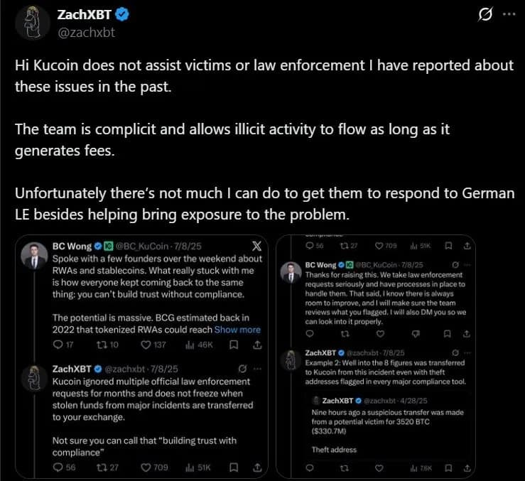 ZachXBT指控Kucoin向德国调查人员隐瞒价值1300万美元的被盗加密货币