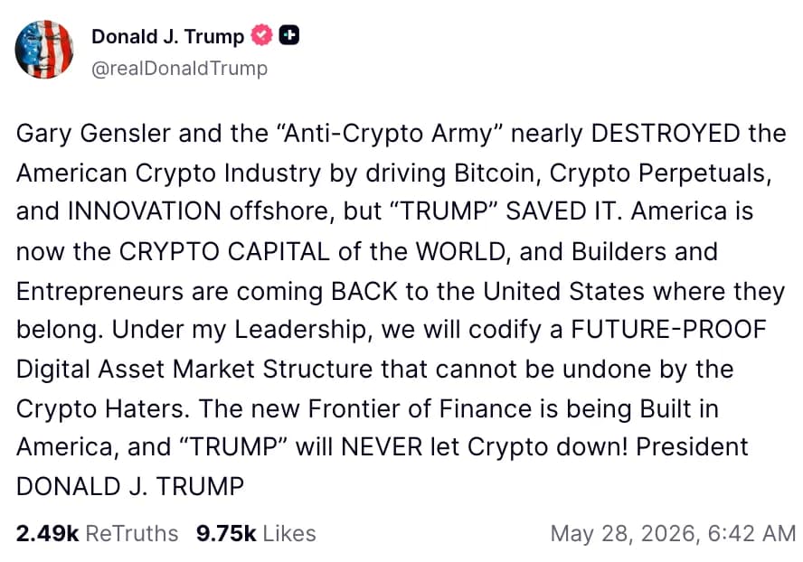 川普發文承諾力推《Clarity Act》:我拯救了加密產業,TRUMP 永遠不會讓加密貨幣失望