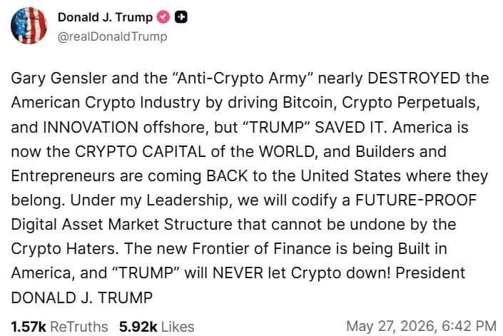 特朗普誓言将出台“不可逆转”的加密货币市场结构法案