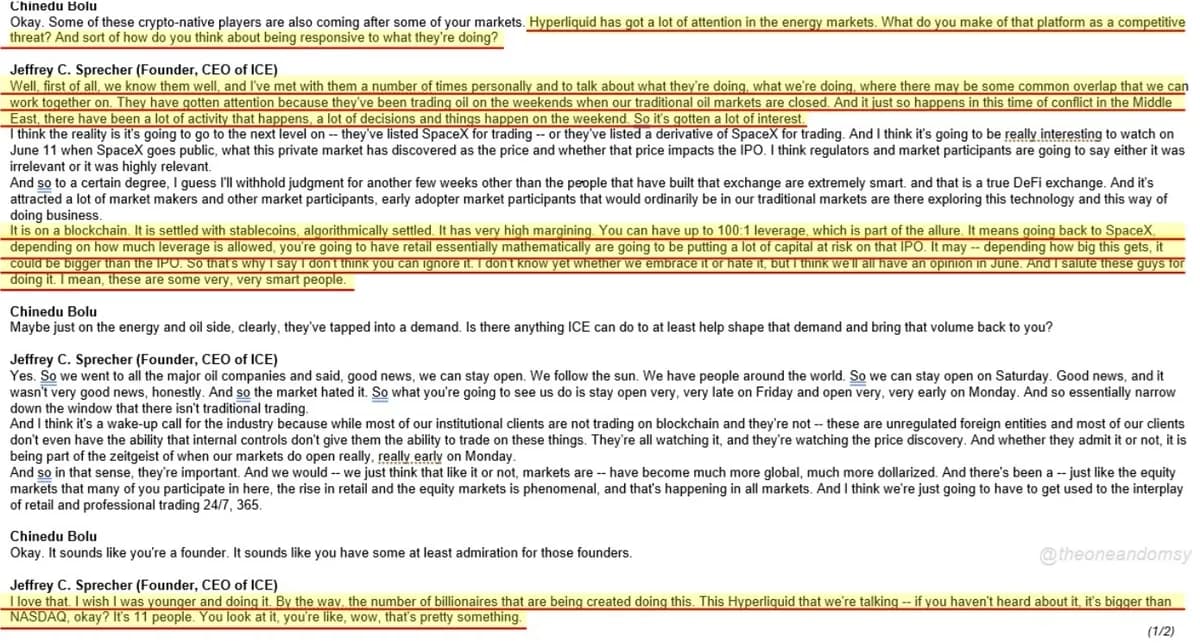 纽约证券交易所母公司ICE正探索与去中心化交易所Hyperliquid开展潜在合作