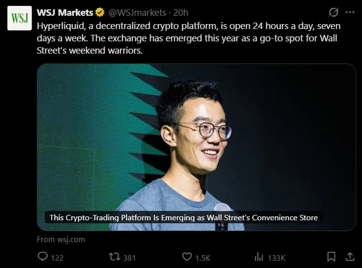 WSJ:Hyperliquid已成为华尔街周末及盘后交易永续合约的首选交易平台