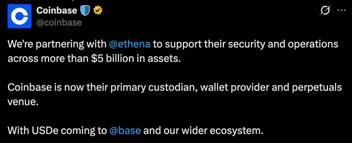 Coinbase Ventures 投资 ENA,Ethena 推动 USDe 规模突破 10 亿美元
