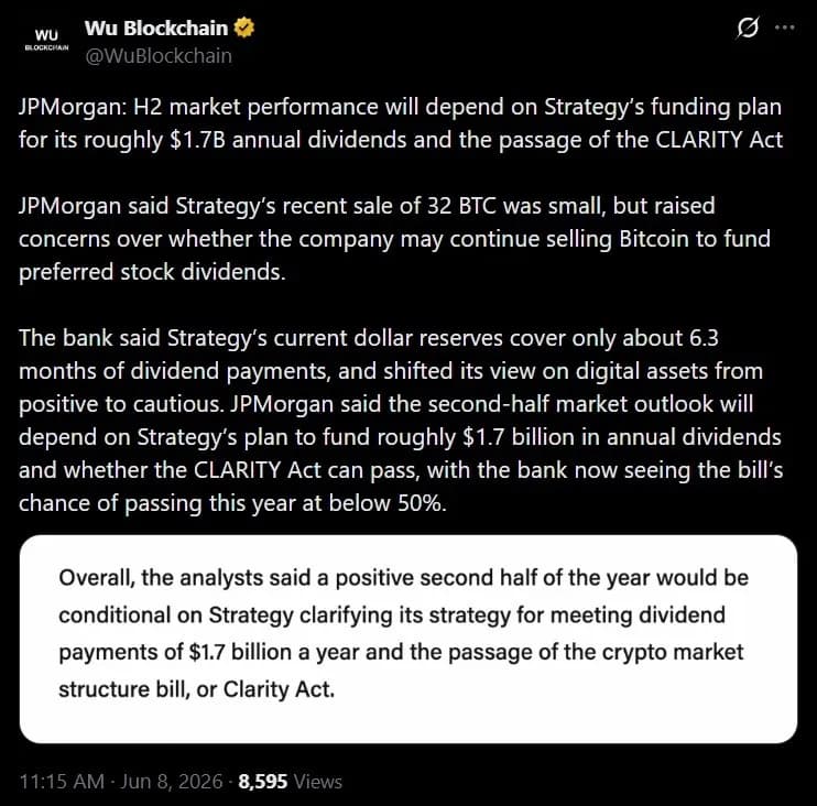 摩根大通:Strategy公司17亿美元的股息支出可能迫使其进一步抛售比特币