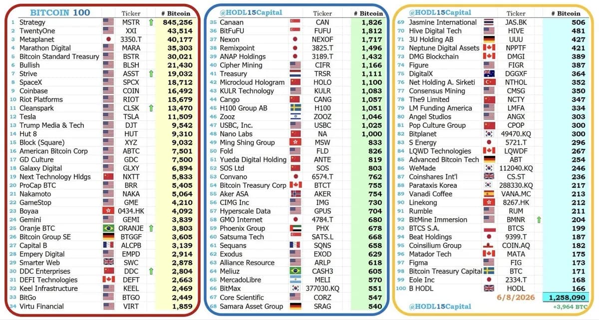 前100大比特币持币者目前持有126万枚BTC