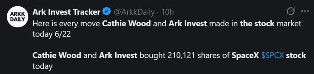 凯茜·伍德逢低买入SpaceX:在股价暴跌16%之际,Ark Invest增持3250万美元
