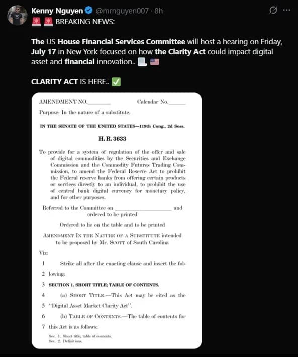 《CLARITY法案》迎来关键的7月,众议院将接连举行加密货币听证会