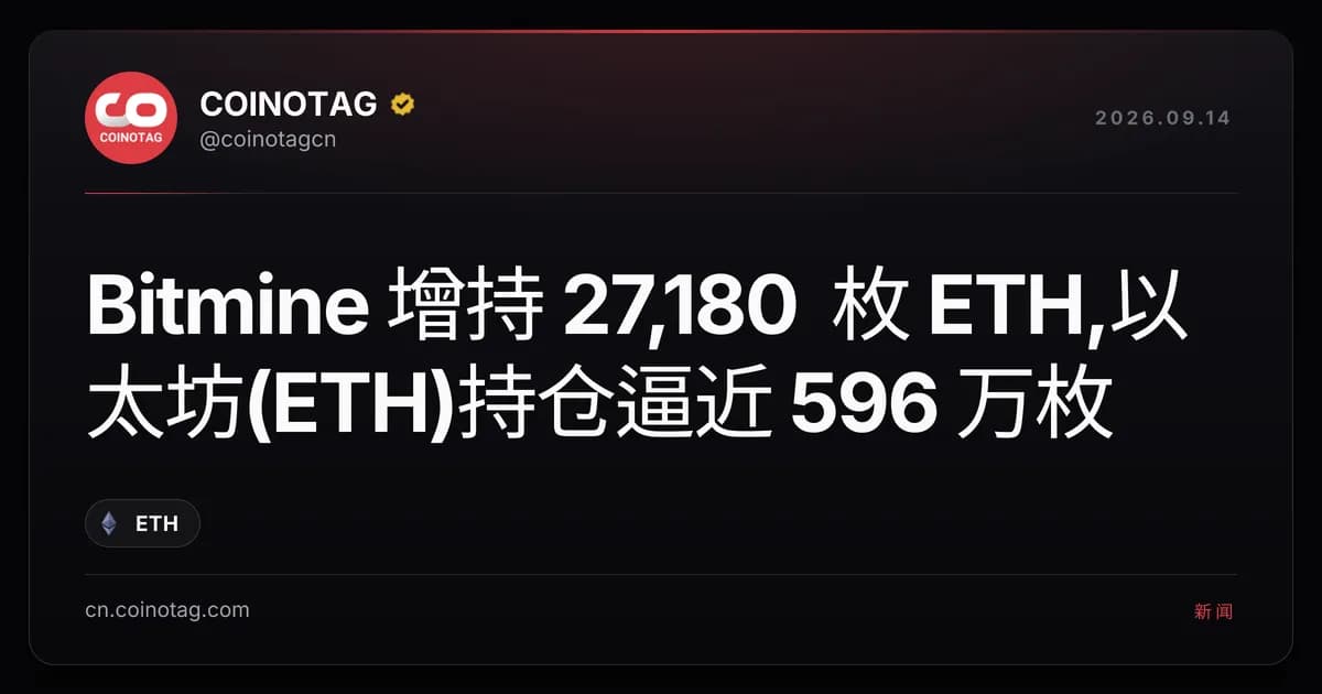 Bitmine 增持 27,180 枚 ETH,以太坊(ETH)持仓逼近 596 万枚