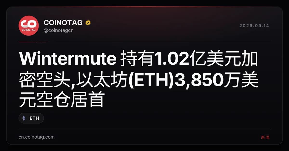 Wintermute 持有1.02亿美元加密空头,以太坊(ETH)3,850万美元空仓居首