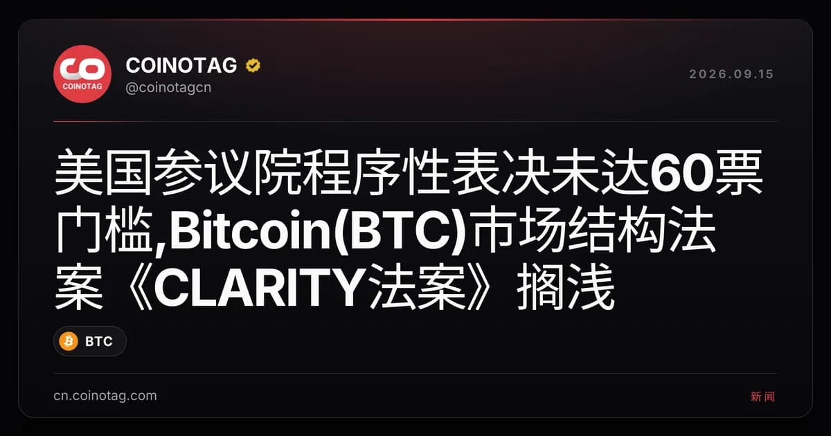 美国参议院程序性表决未达60票门槛,Bitcoin(BTC)市场结构法案《CLARITY法案》搁浅