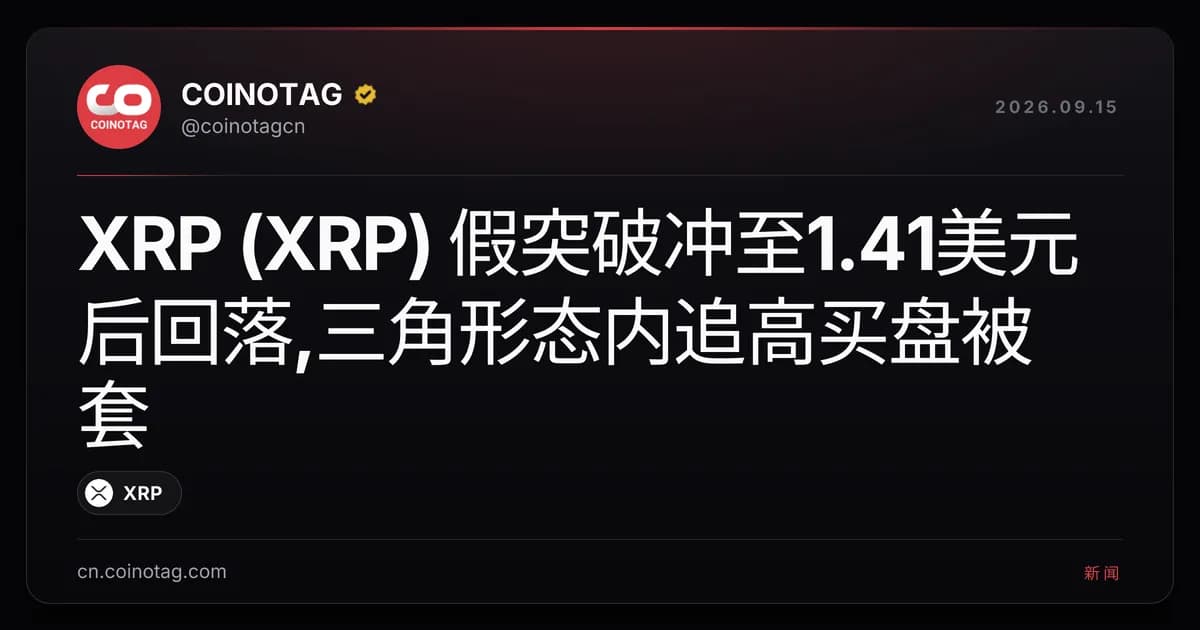 XRP (XRP) 假突破冲至1.41美元后回落,三角形态内追高买盘被套