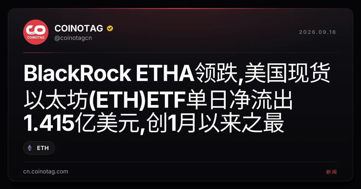 BlackRock ETHA领跌,美国现货以太坊(ETH)ETF单日净流出1.415亿美元,创1月以来之最
