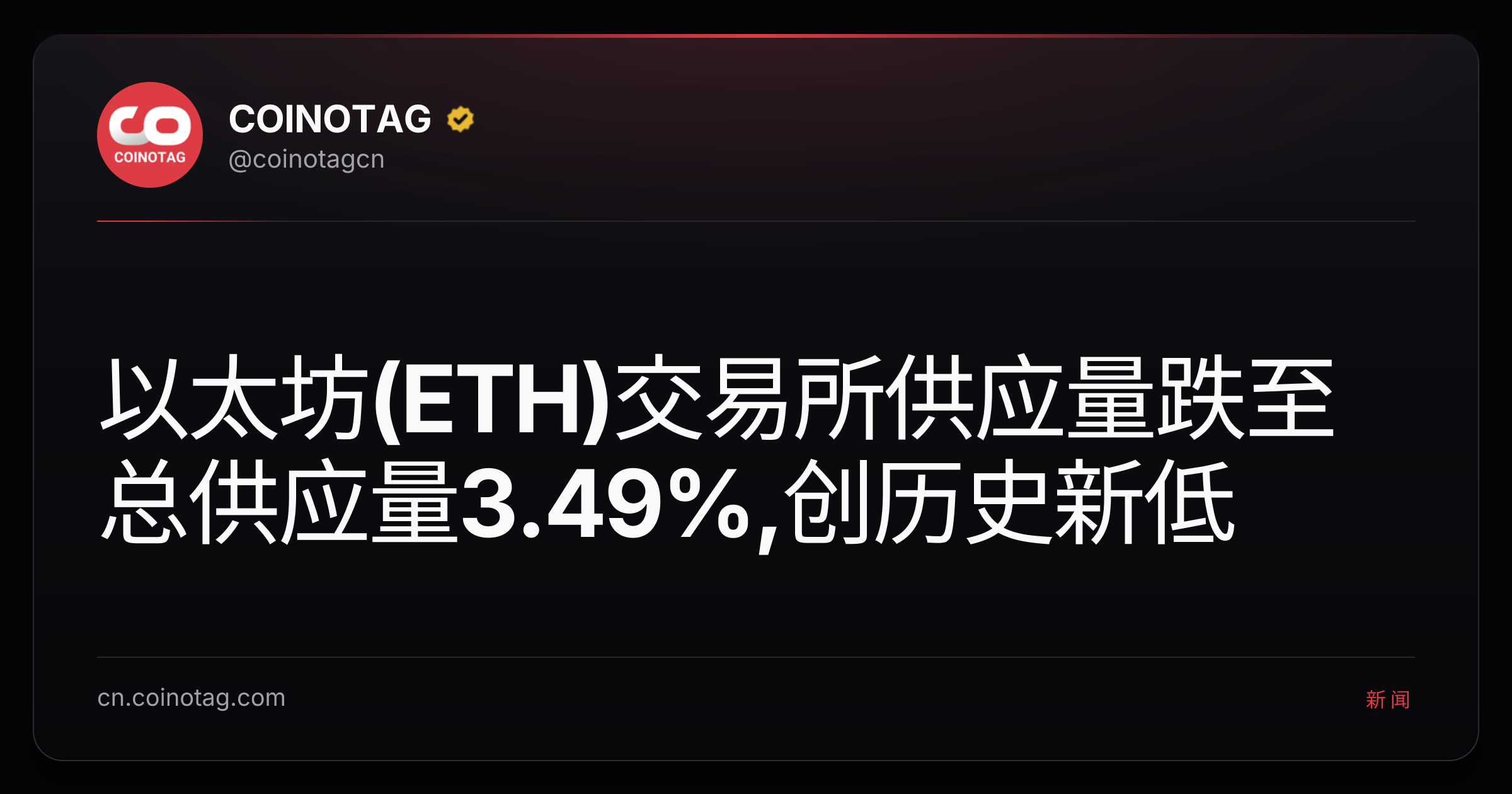 以太坊(ETH)交易所供应量跌至总供应量3.49%,创历史新低