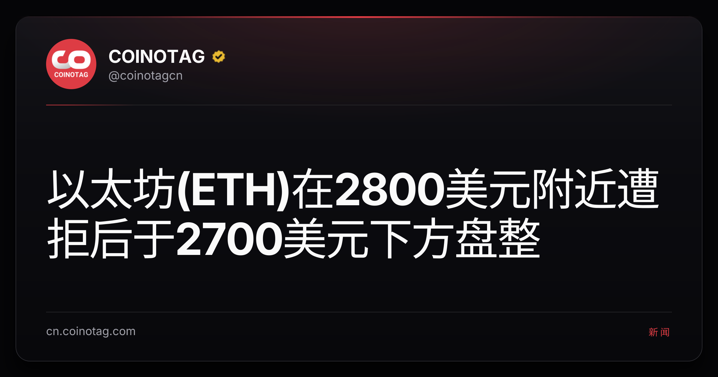以太坊(ETH)在2800美元附近遭拒后于2700美元下方盘整