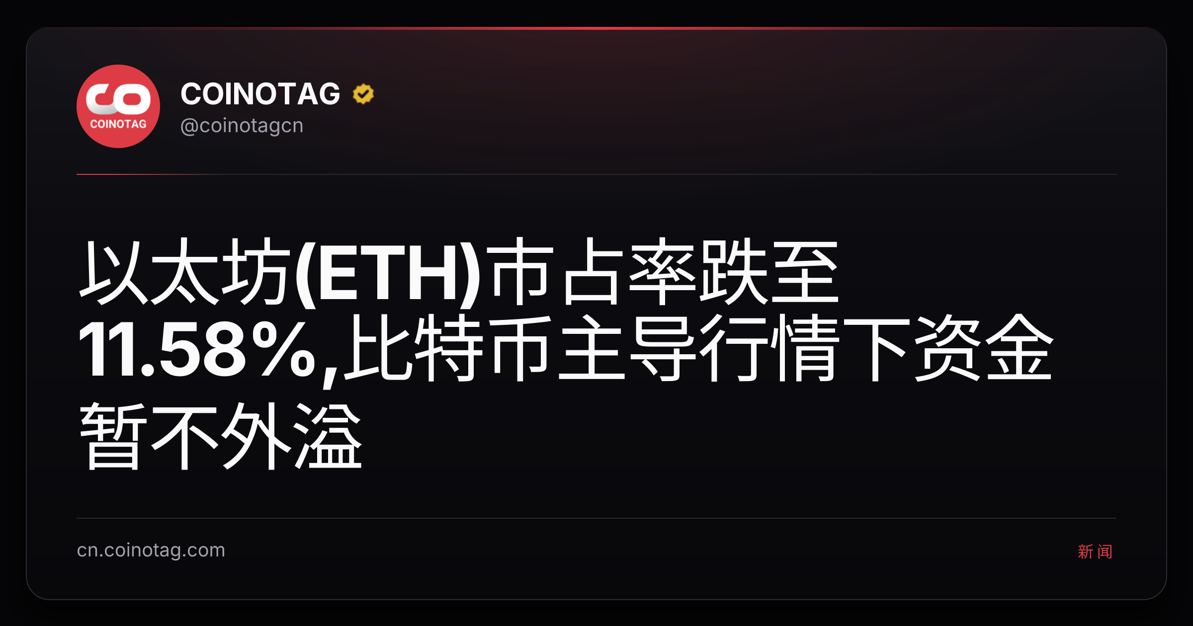 以太坊(ETH)市占率跌至11.58%,比特币主导行情下资金暂不外溢