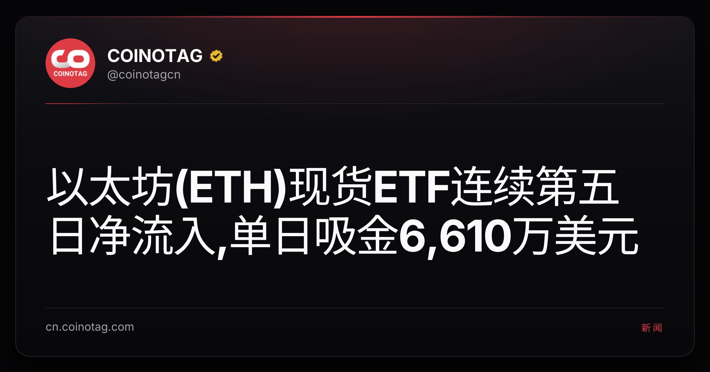 以太坊(ETH)现货ETF连续第五日净流入,单日吸金6,610万美元