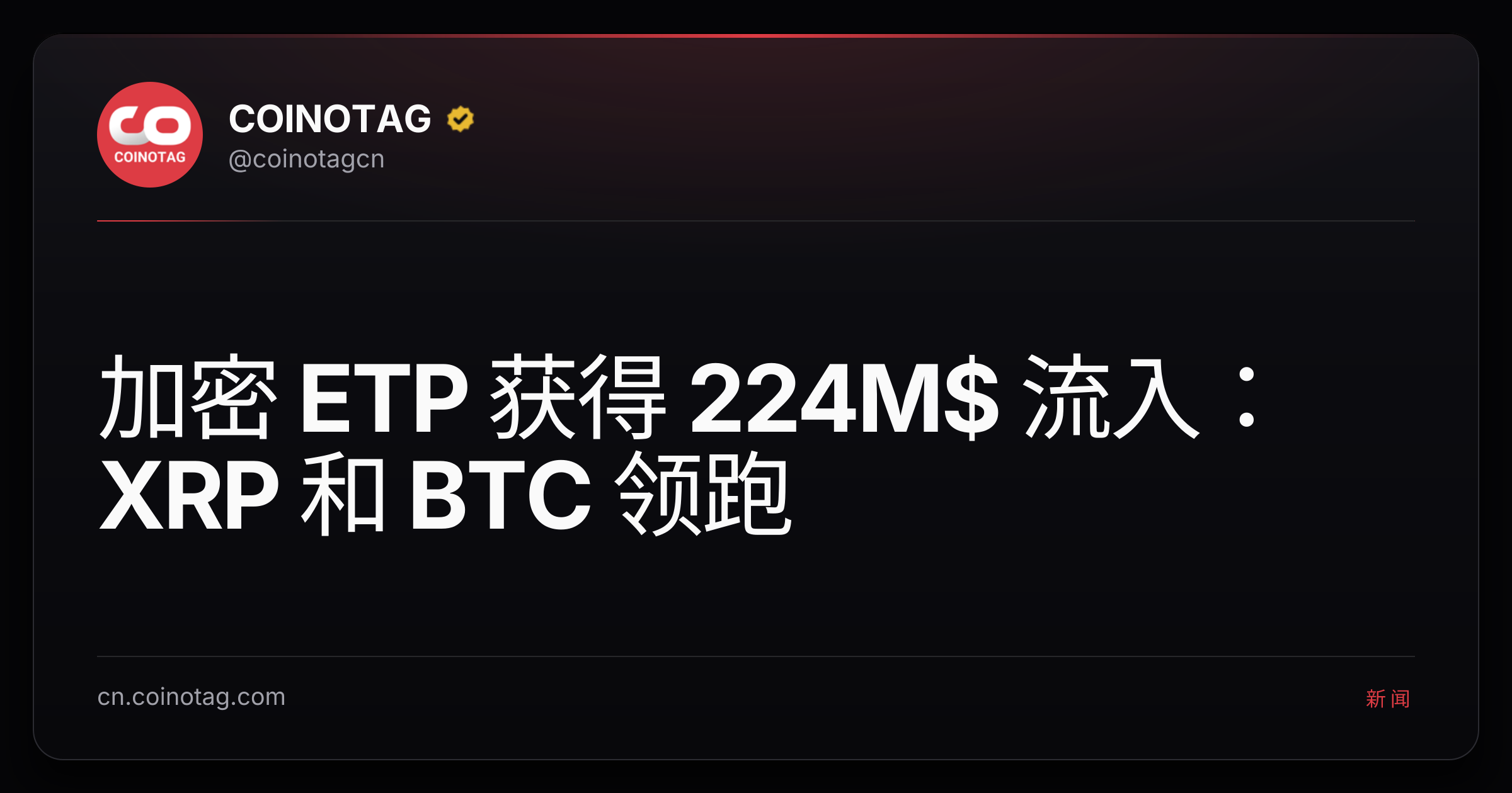 加密 ETP 获得 224M$ 流入：XRP 和 BTC 领跑