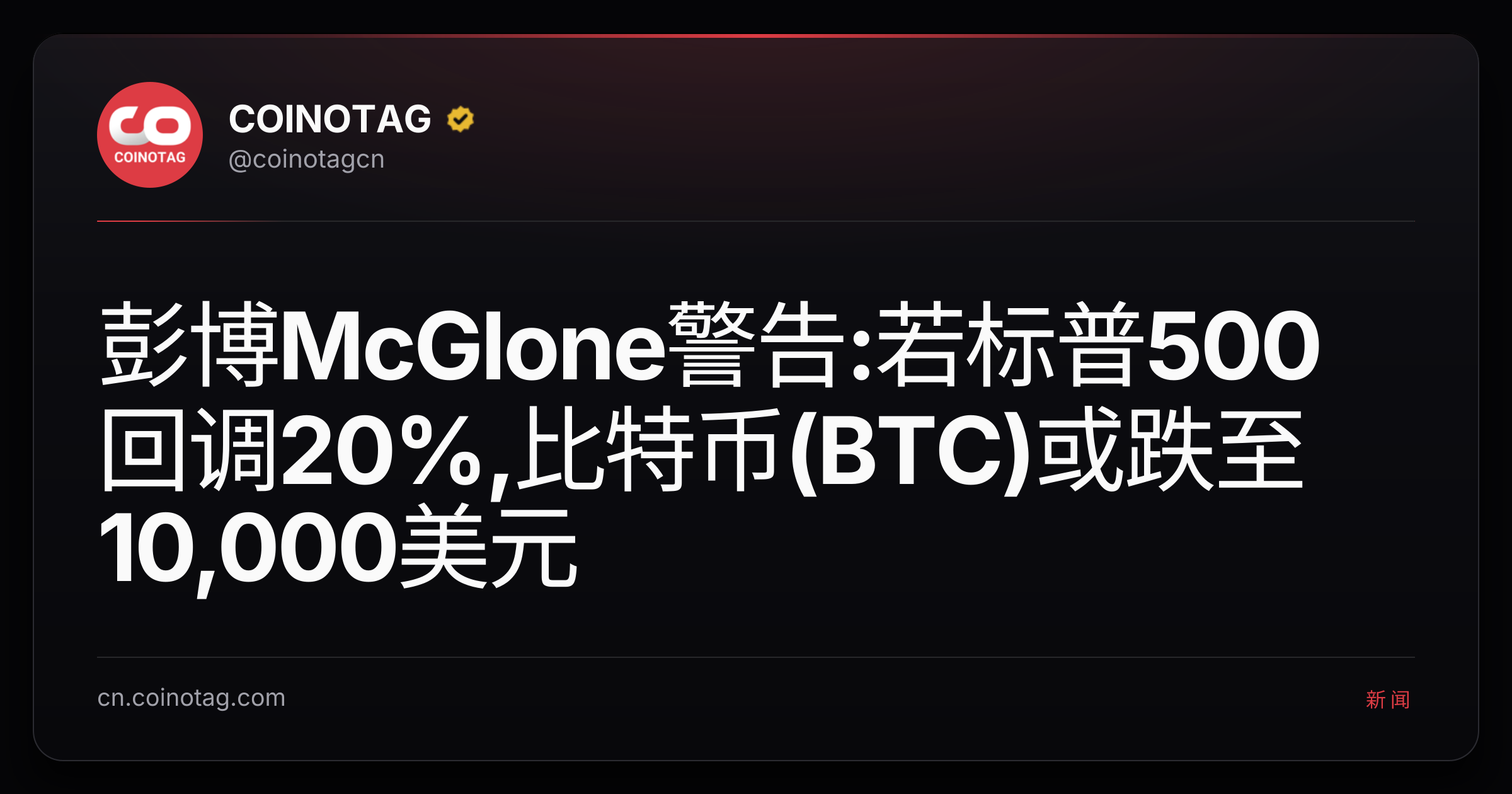 彭博McGlone警告:若标普500回调20%,比特币(BTC)或跌至10,000美元