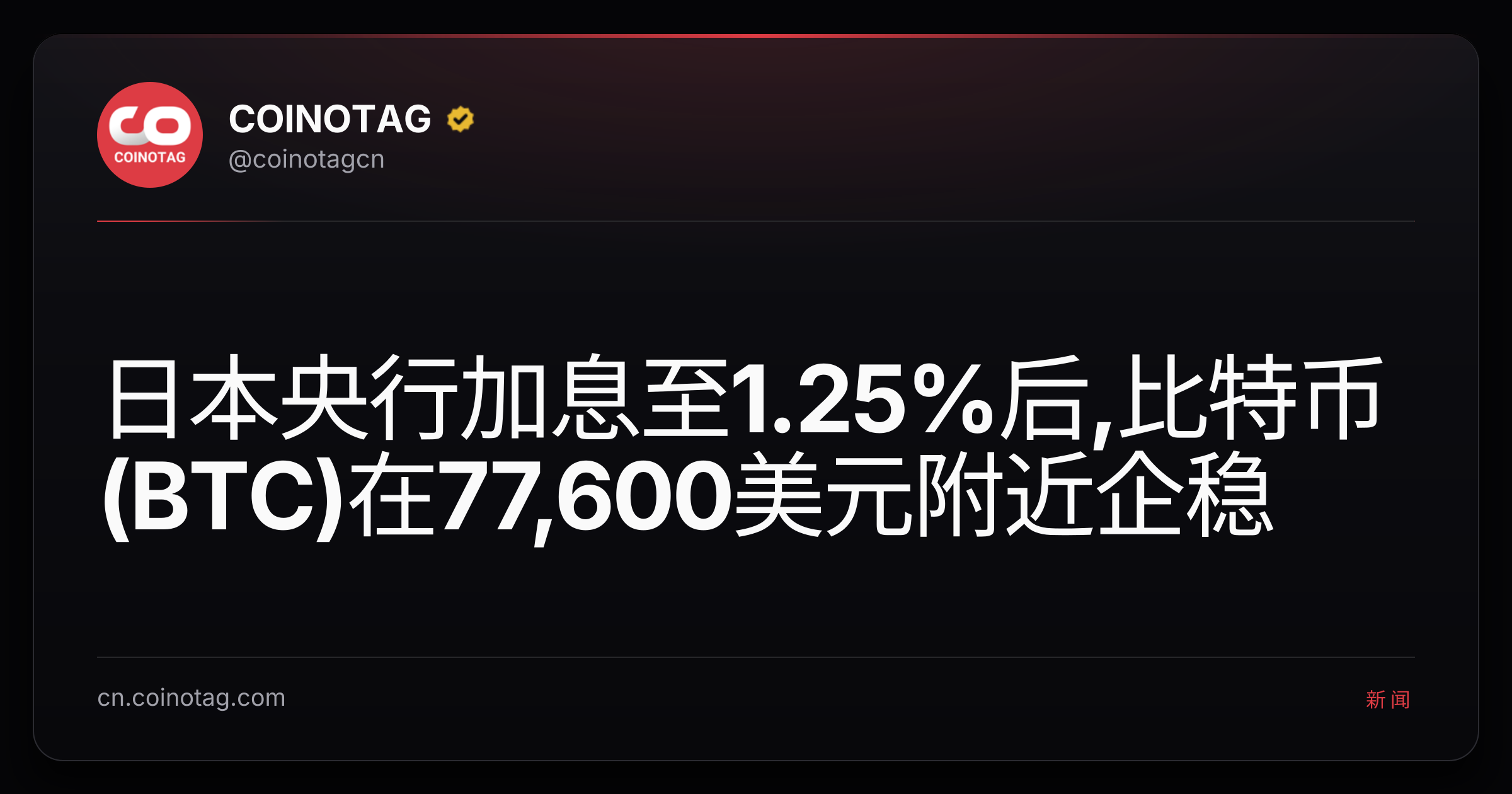 日本央行加息至1.25%后,比特币(BTC)在77,600美元附近企稳