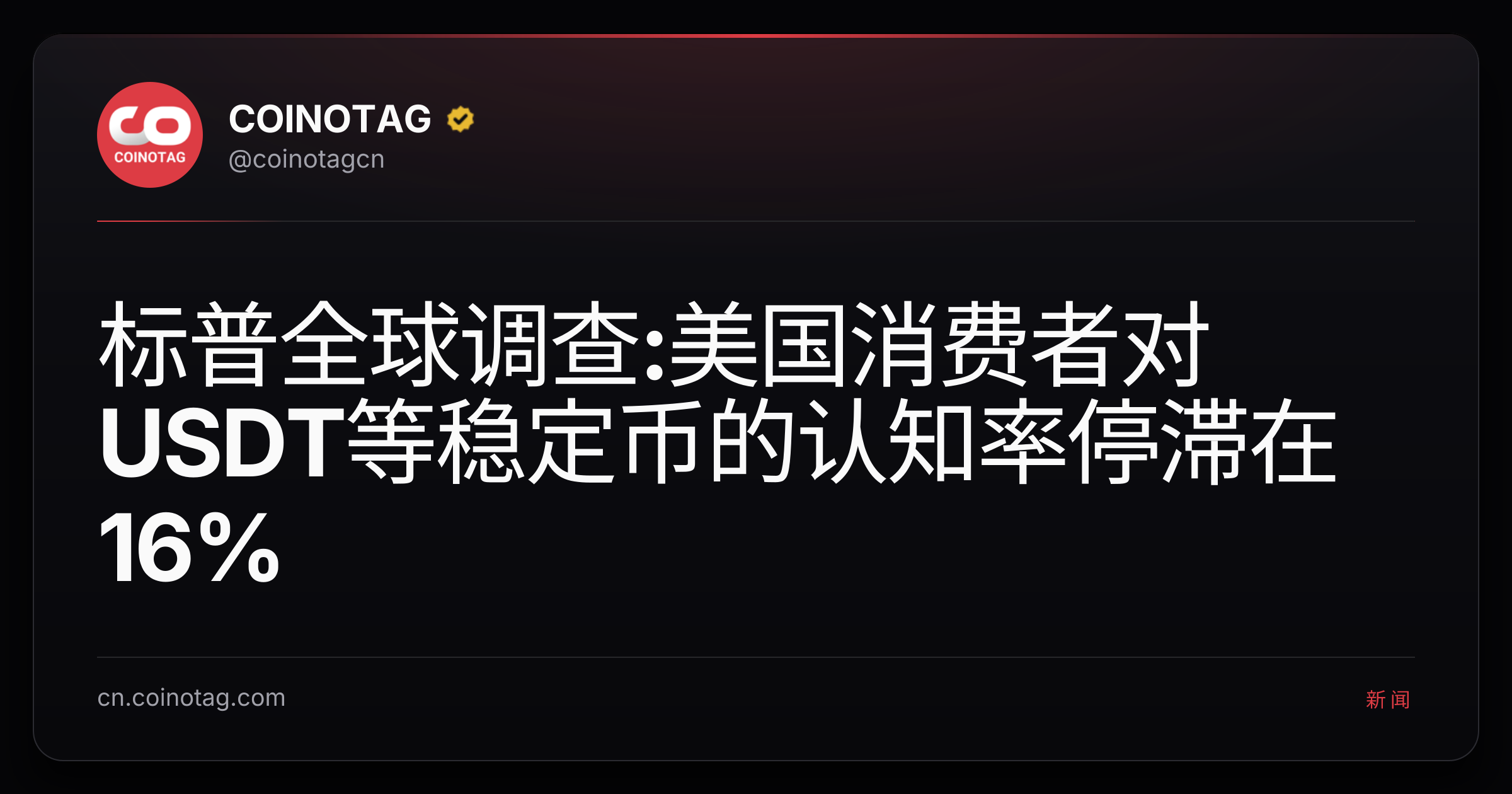 标普全球调查:美国消费者对USDT等稳定币的认知率停滞在16%