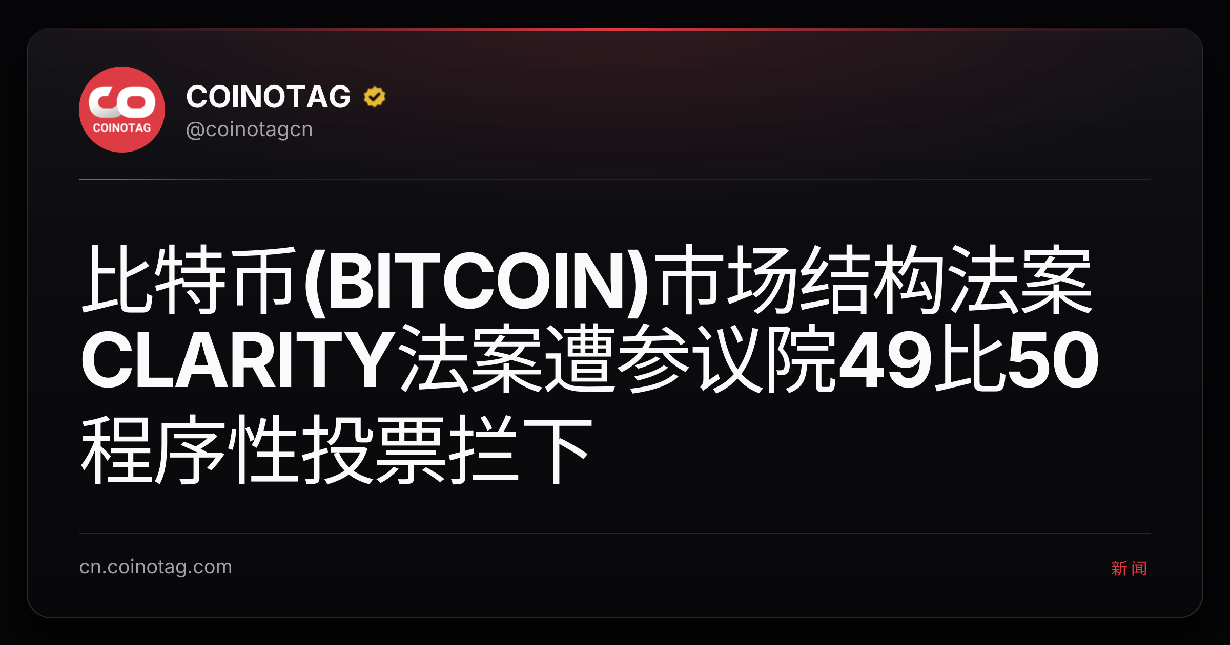 比特币(BITCOIN)市场结构法案CLARITY法案遭参议院49比50程序性投票拦下