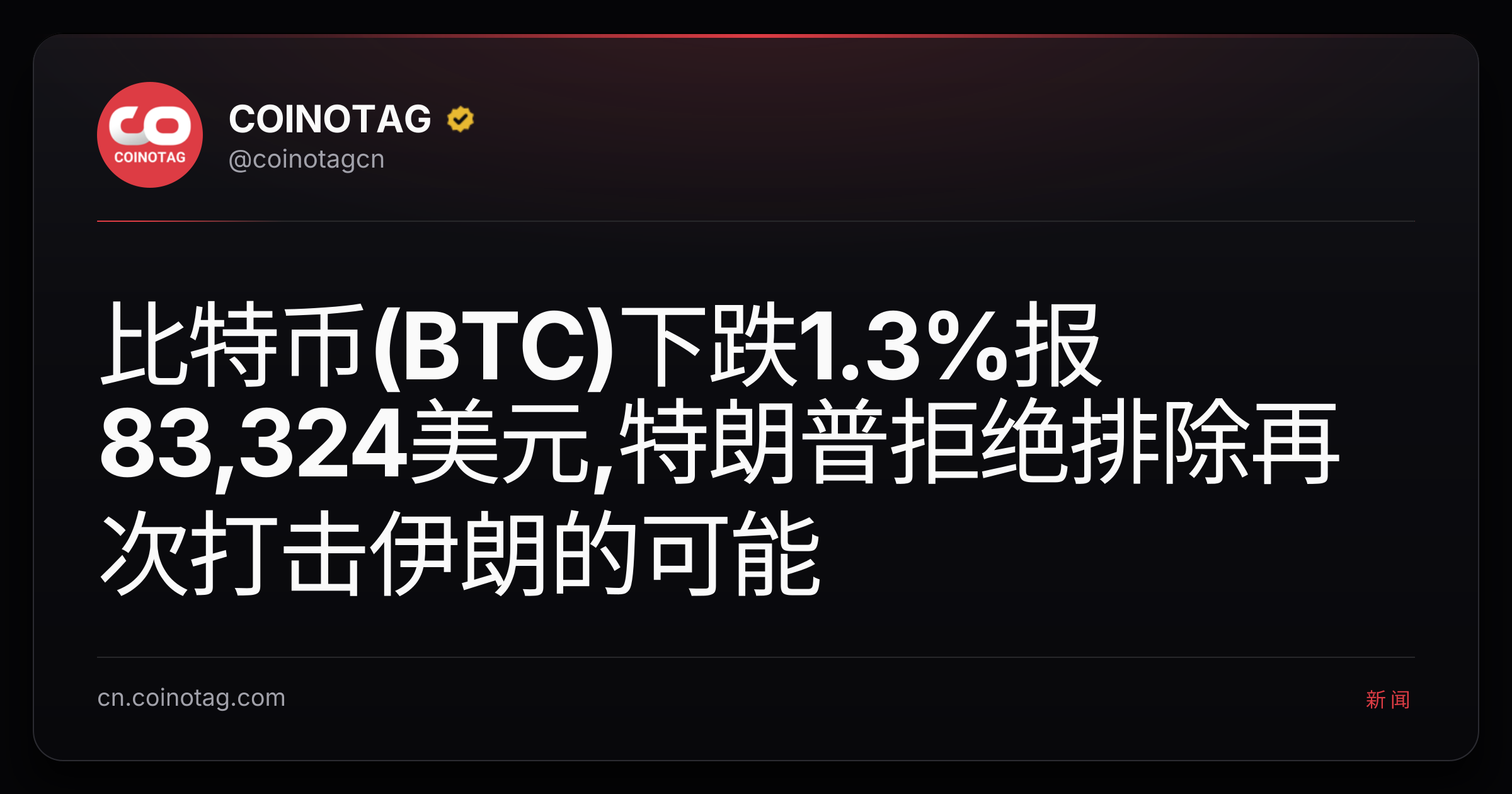 比特币(BTC)下跌1.3%报83,324美元,特朗普拒绝排除再次打击伊朗的可能