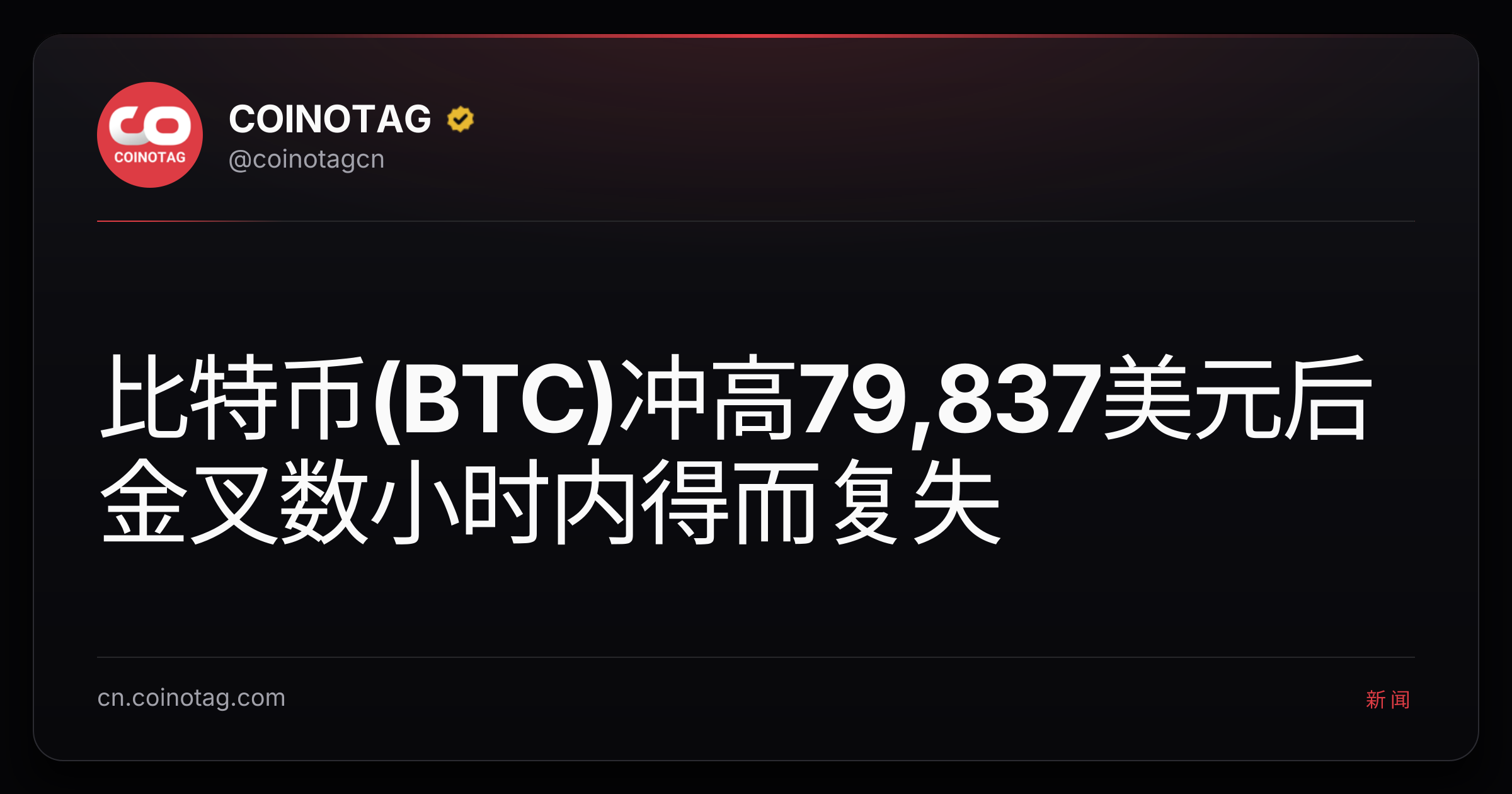 比特币(BTC)冲高79,837美元后金叉数小时内得而复失