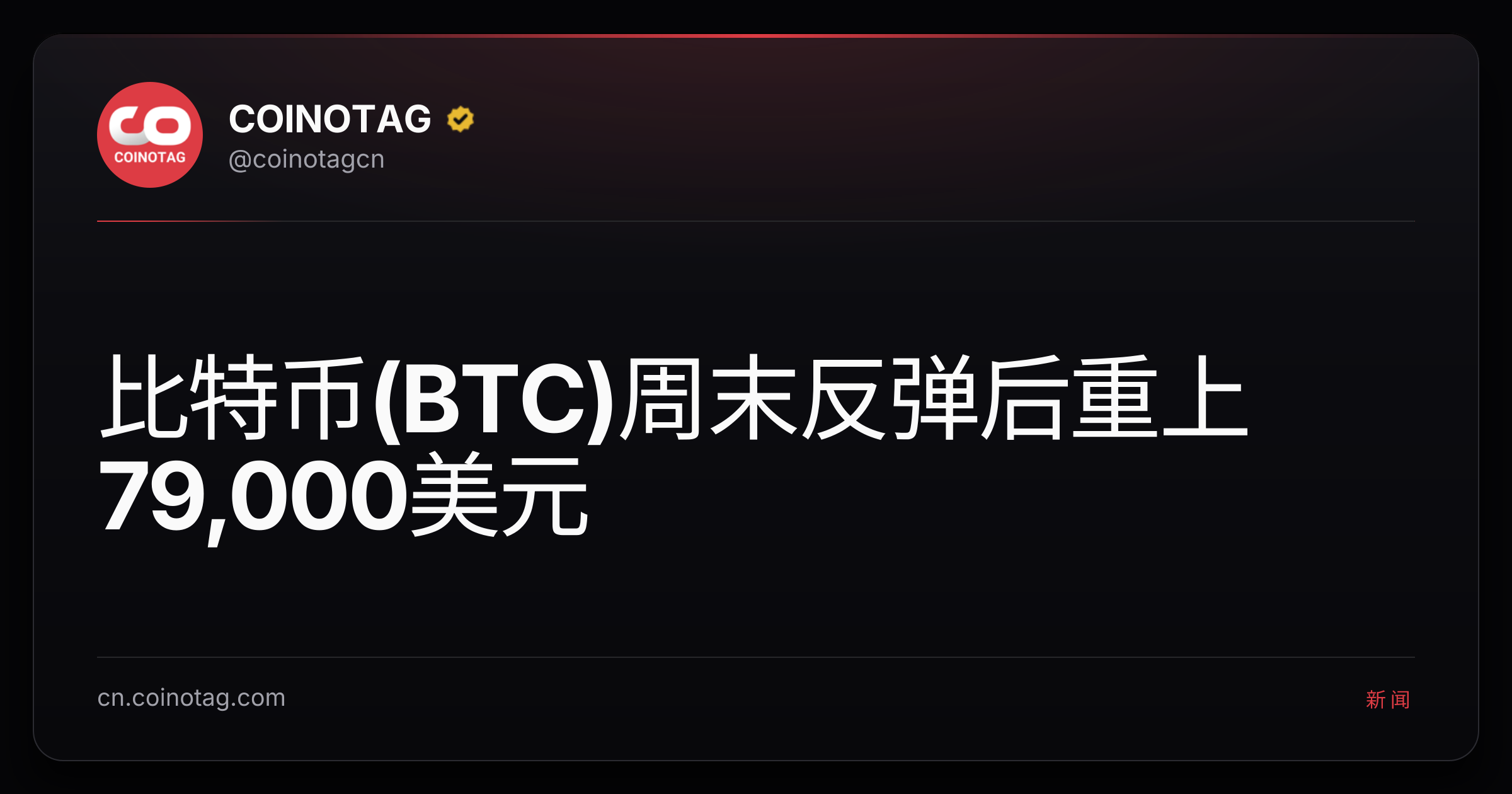 比特币(BTC)周末反弹后重上79,000美元