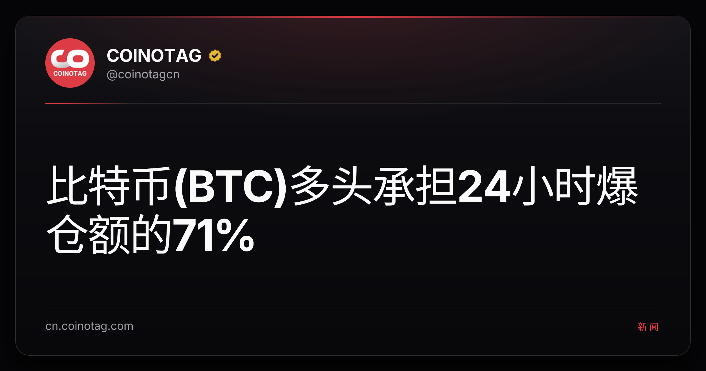 比特币(BTC)多头承担24小时爆仓额的71%