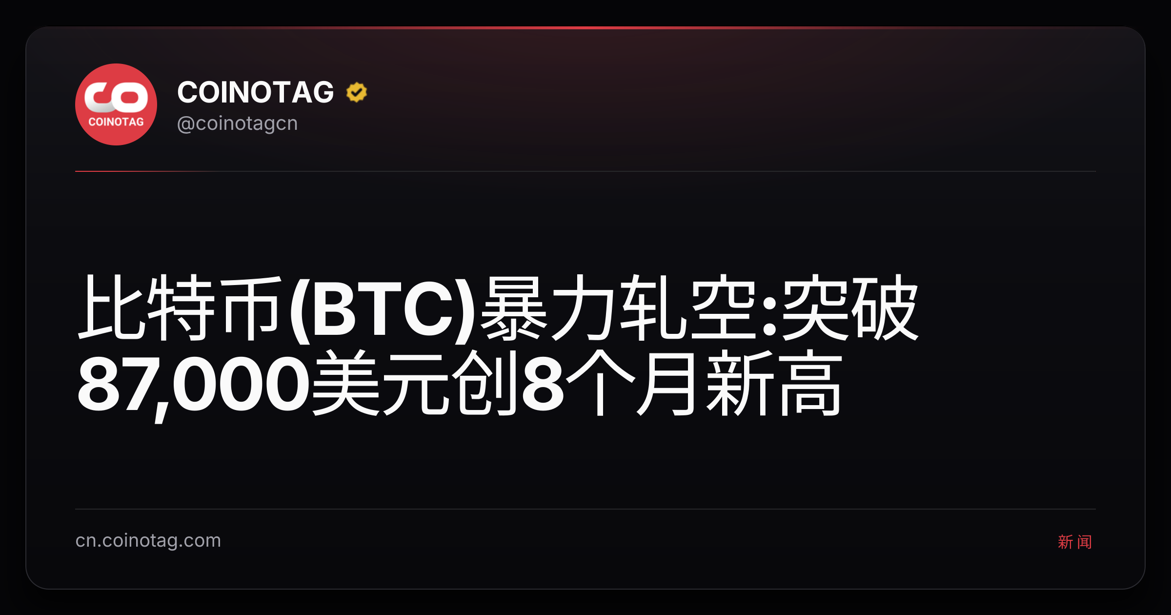 比特币(BTC)暴力轧空:突破87,000美元创8个月新高