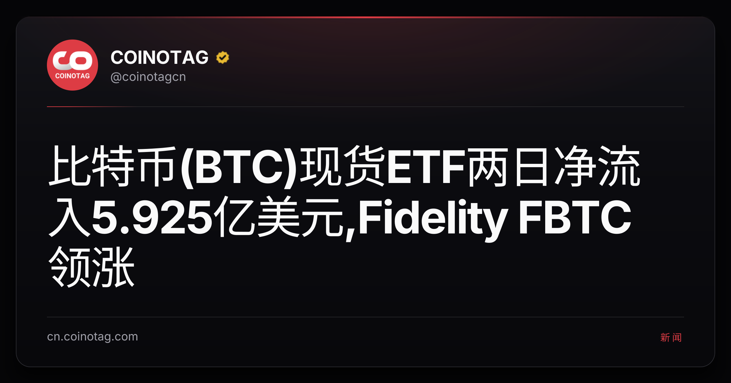 比特币(BTC)现货ETF两日净流入5.925亿美元,Fidelity FBTC领涨