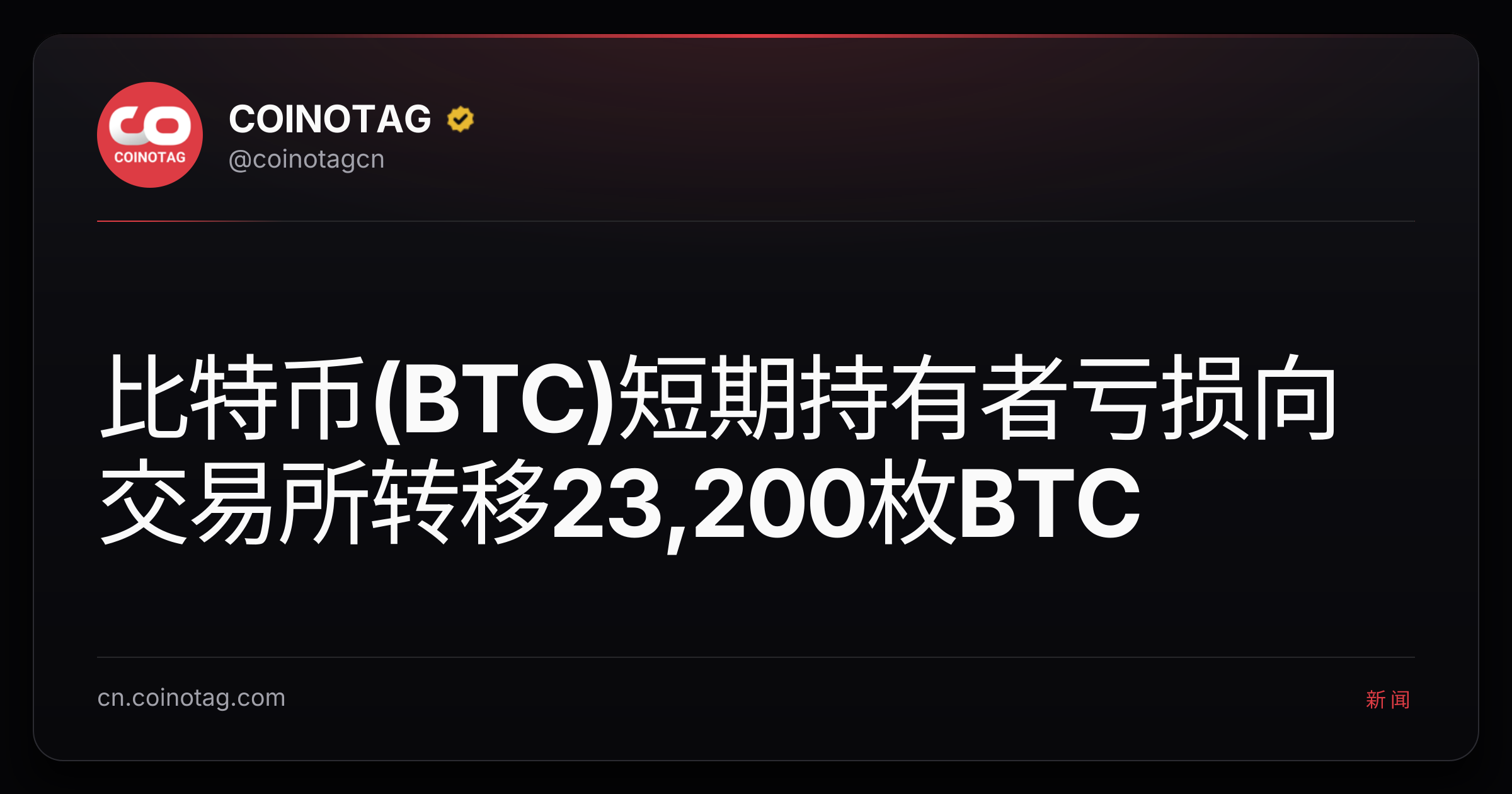 比特币(BTC)短期持有者亏损向交易所转移23,200枚BTC