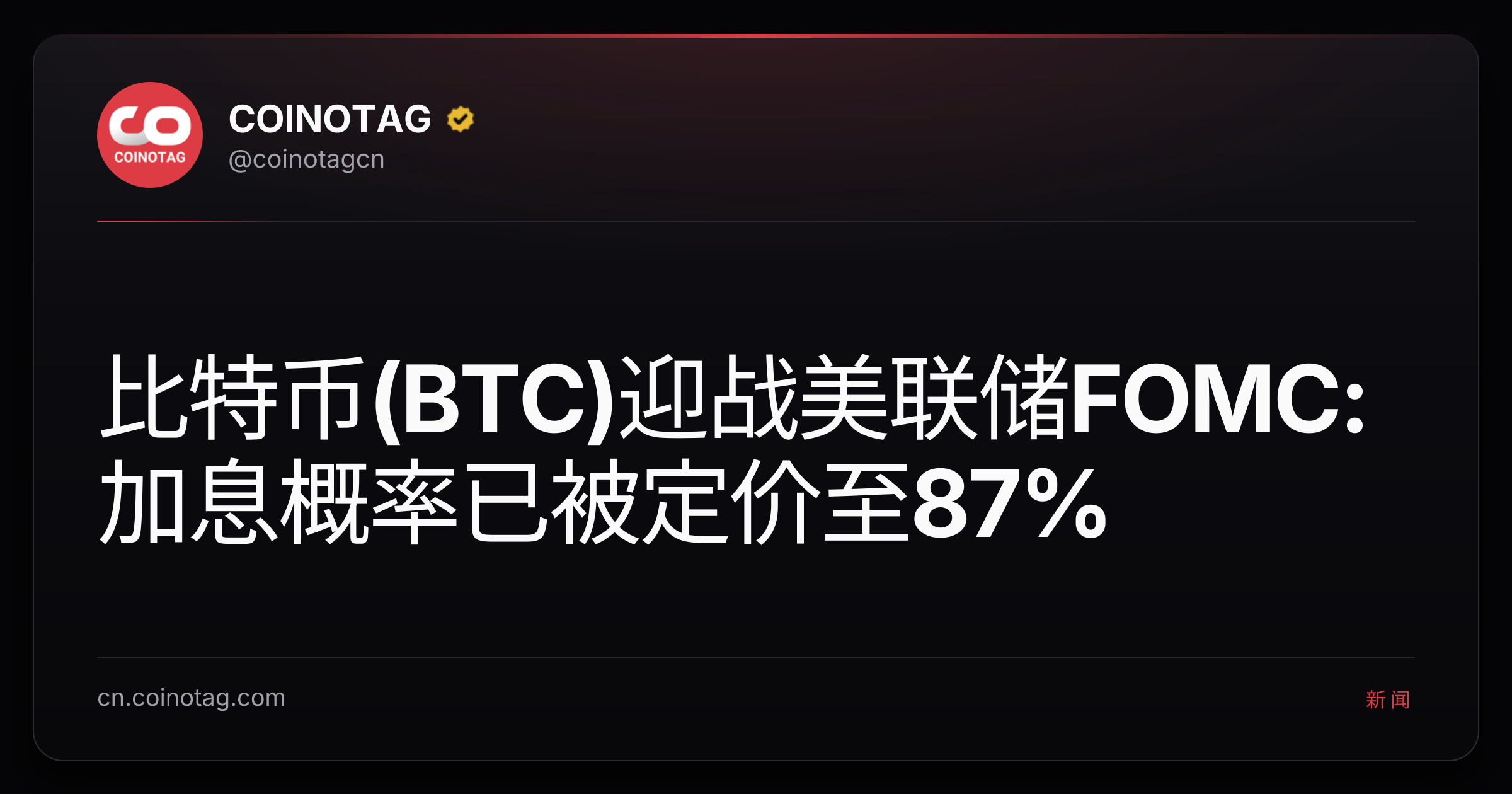 比特币(BTC)迎战美联储FOMC:加息概率已被定价至87%