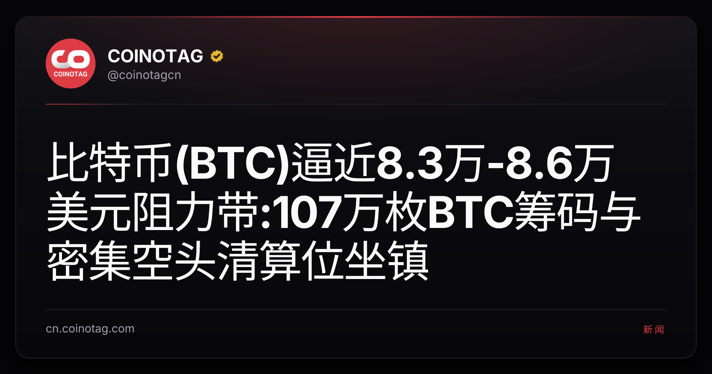 比特币(BTC)逼近8.3万-8.6万美元阻力带:107万枚BTC筹码与密集空头清算位坐镇