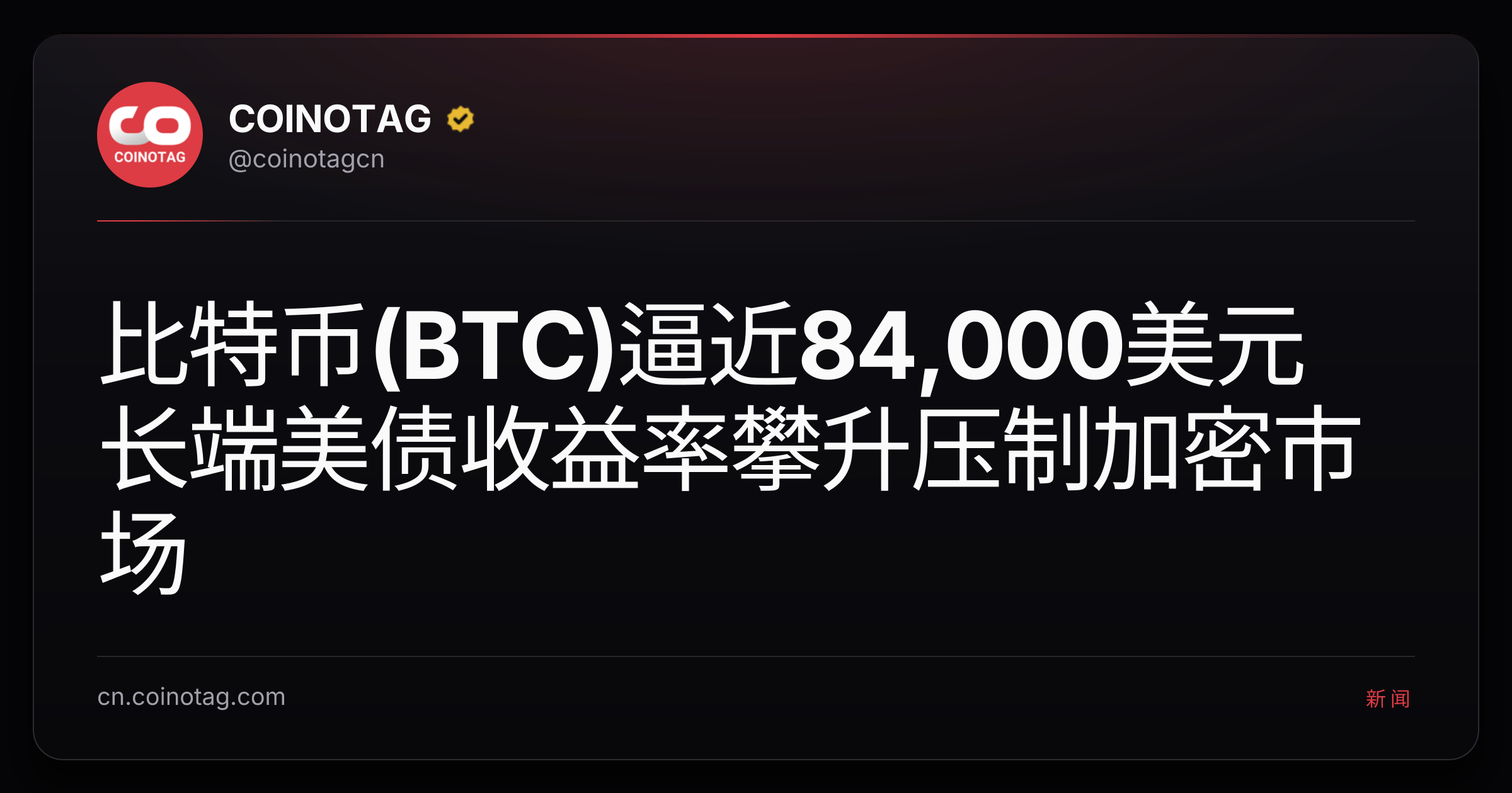 比特币(BTC)逼近84,000美元 长端美债收益率攀升压制加密市场