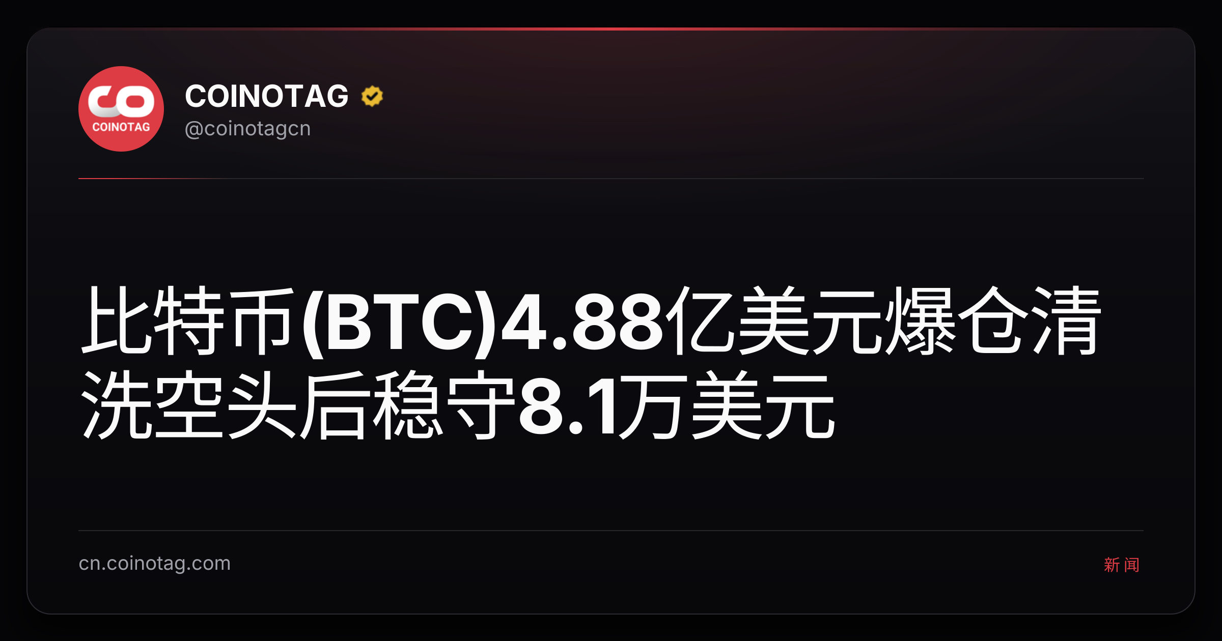 比特币(BTC)4.88亿美元爆仓清洗空头后稳守8.1万美元