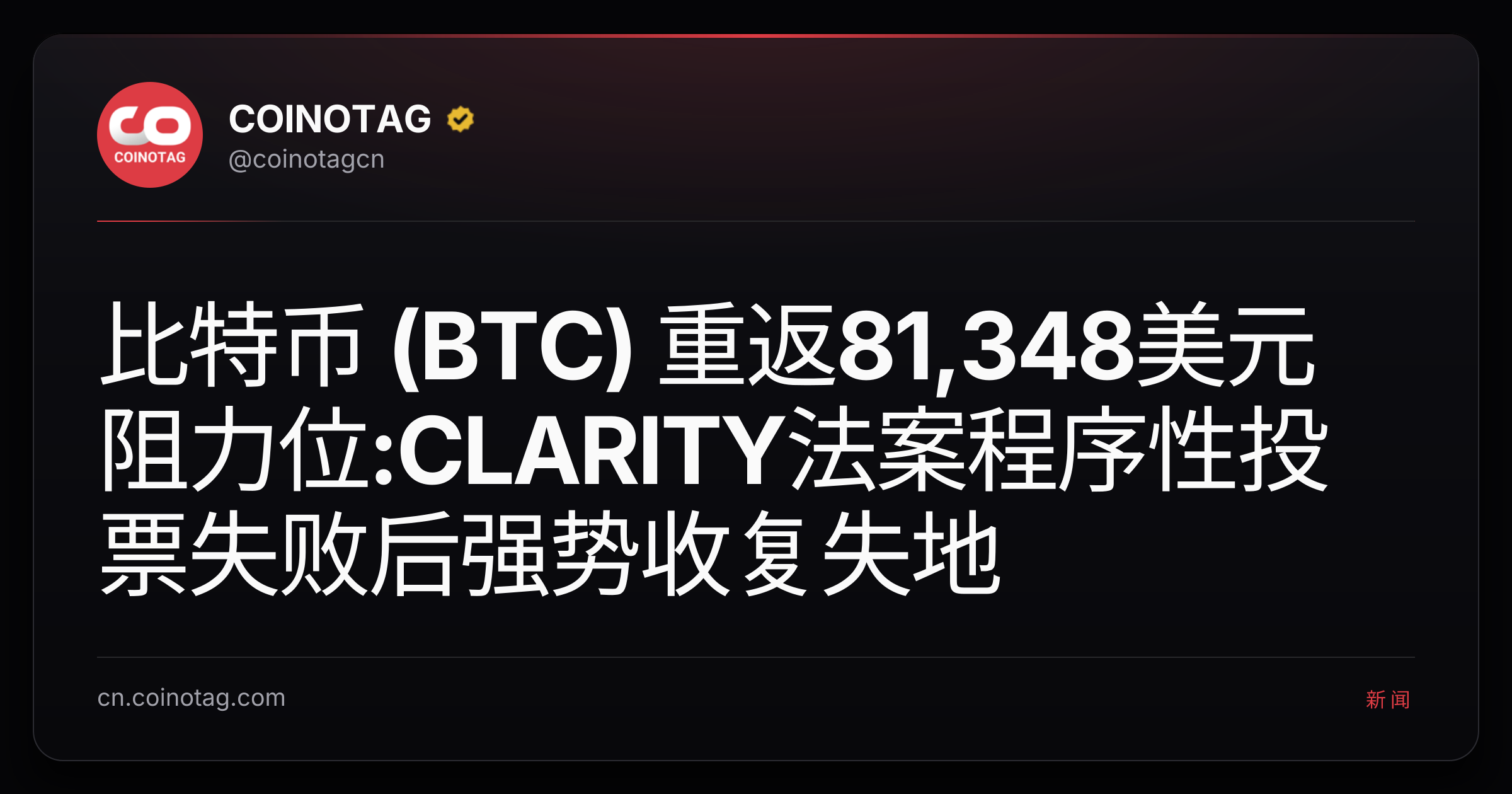 比特币 (BTC) 重返81,348美元阻力位:CLARITY法案程序性投票失败后强势收复失地
