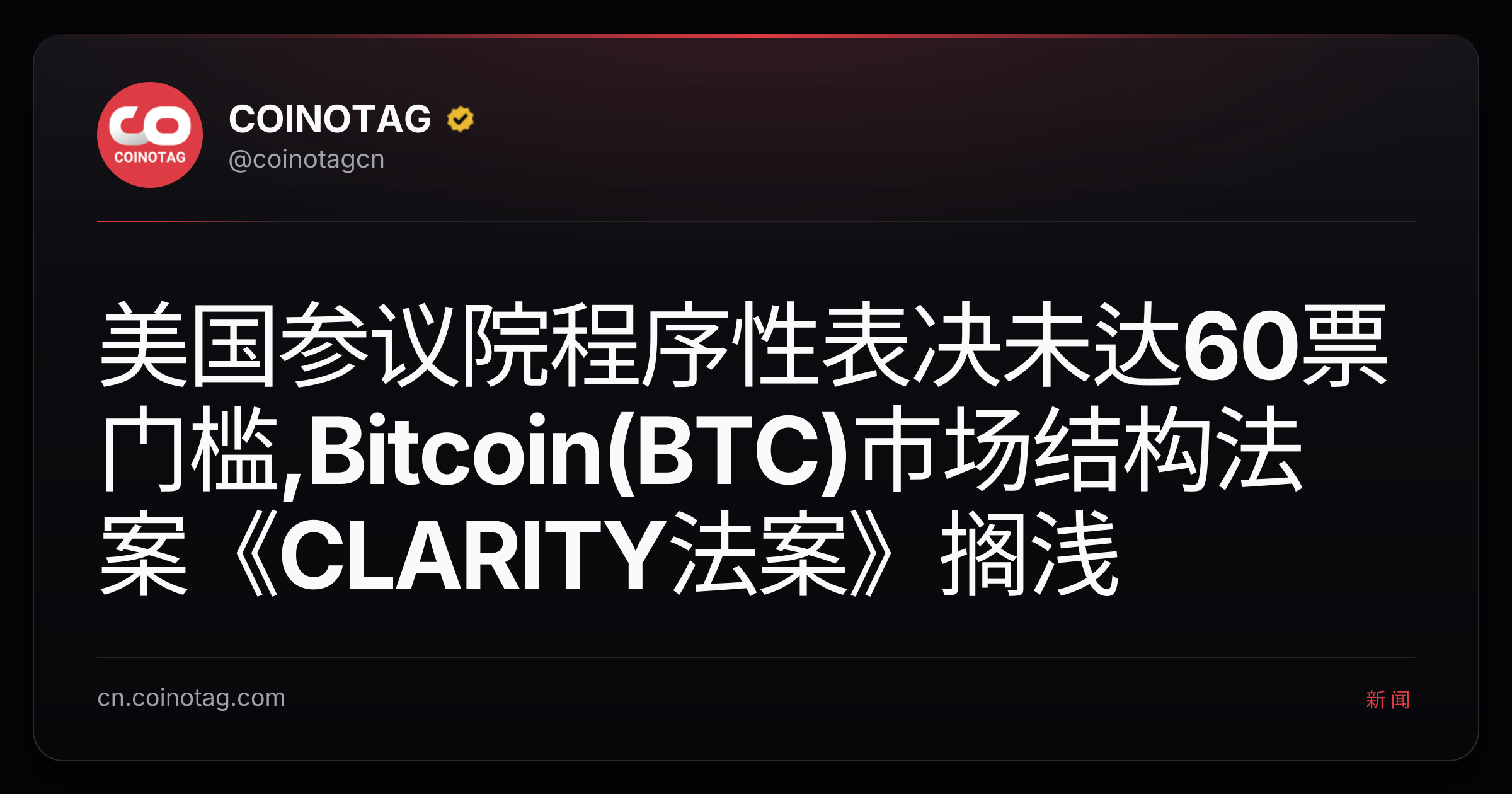 美国参议院程序性表决未达60票门槛,Bitcoin(BTC)市场结构法案《CLARITY法案》搁浅