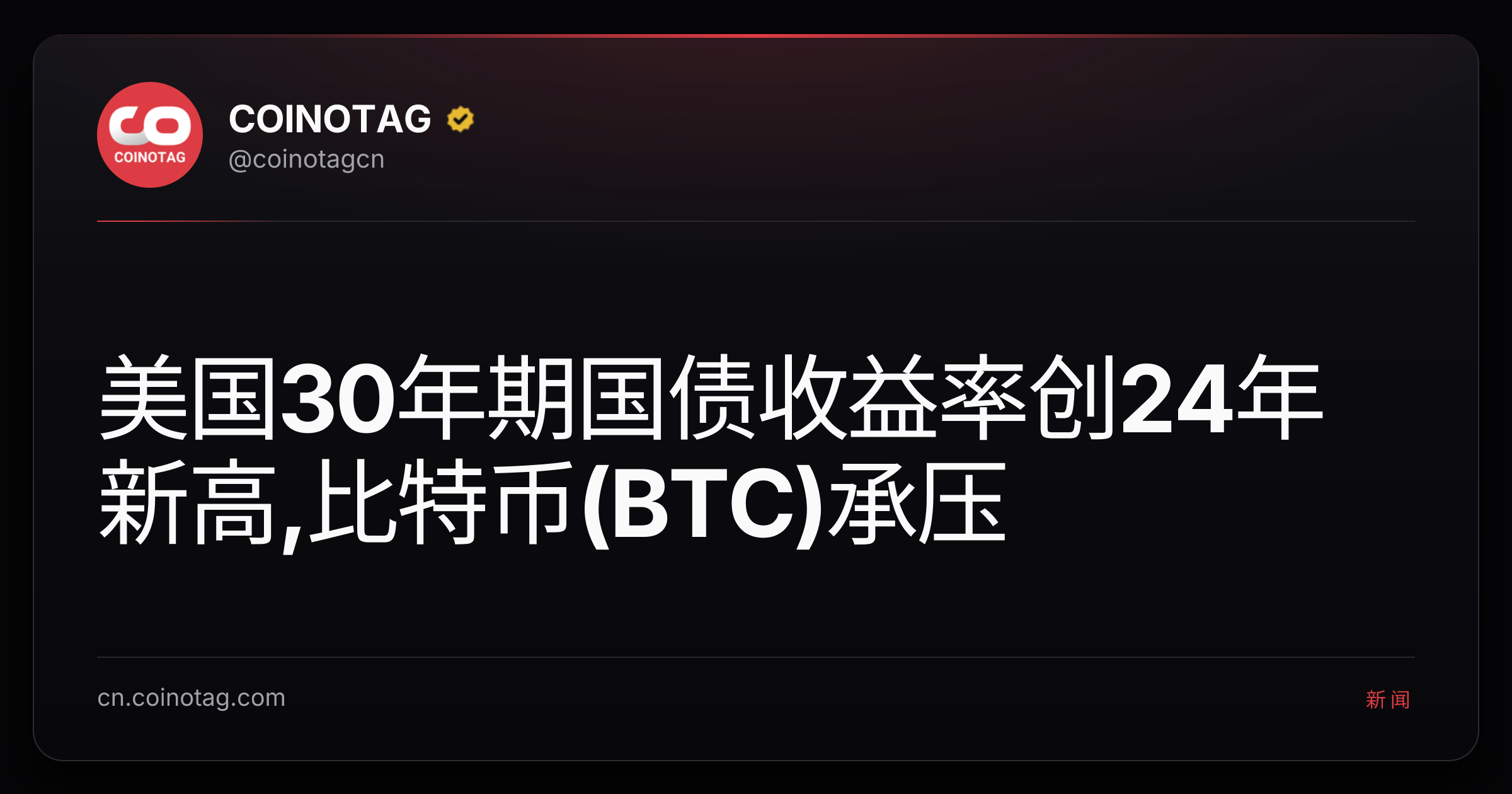 美国30年期国债收益率创24年新高,比特币(BTC)承压