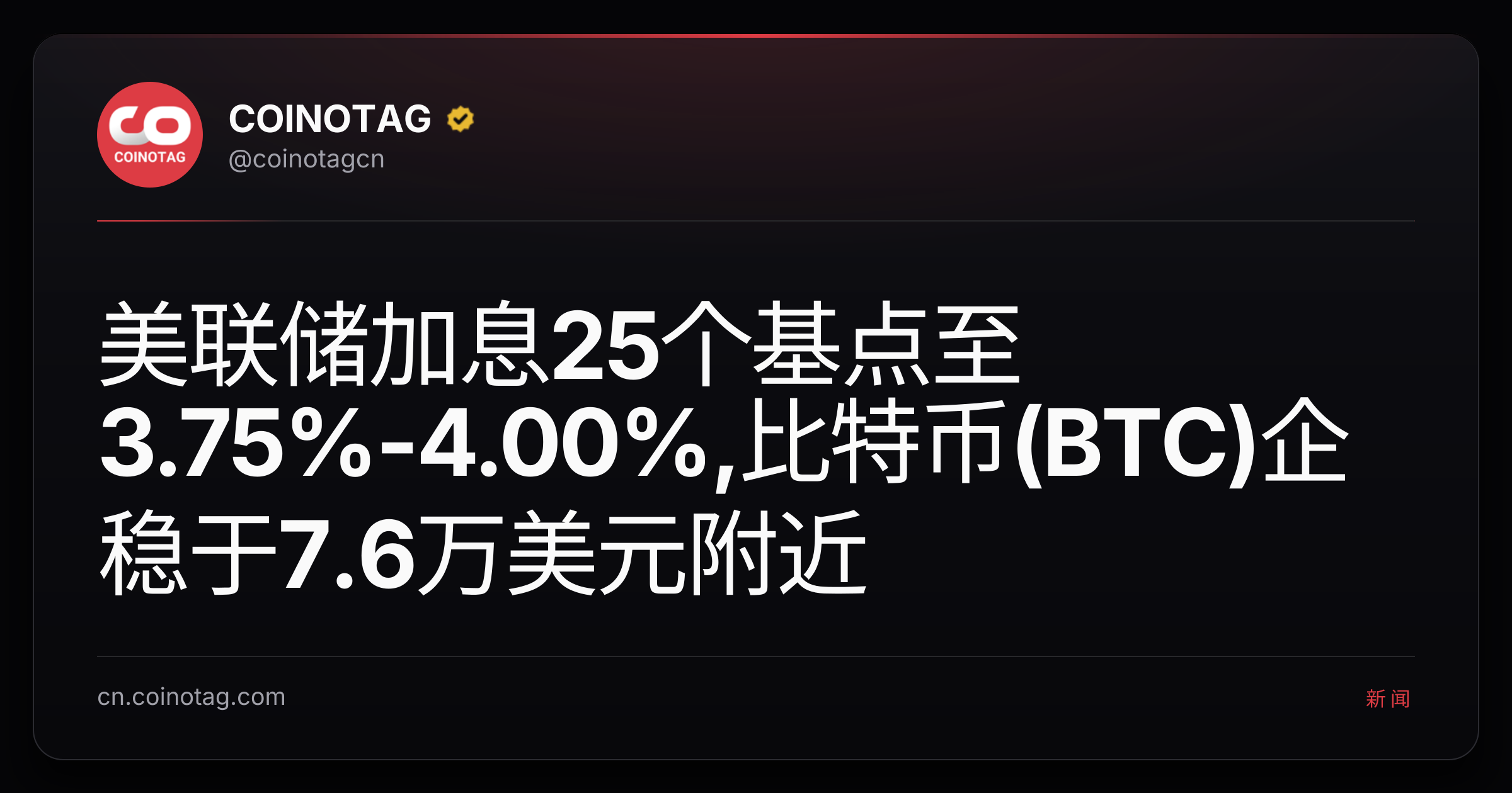 美联储加息25个基点至3.75%-4.00%,比特币(BTC)企稳于7.6万美元附近