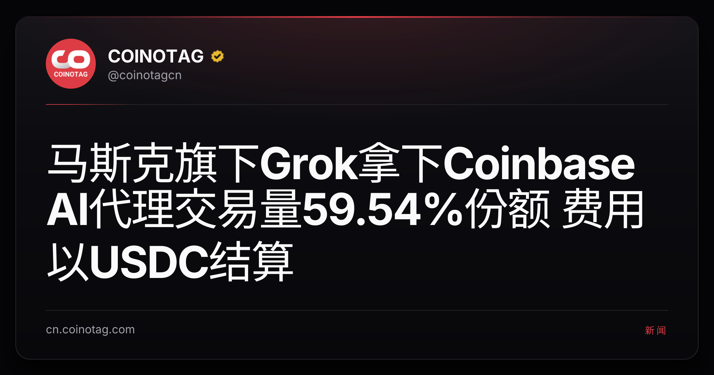 马斯克旗下Grok拿下Coinbase AI代理交易量59.54%份额 费用以USDC结算