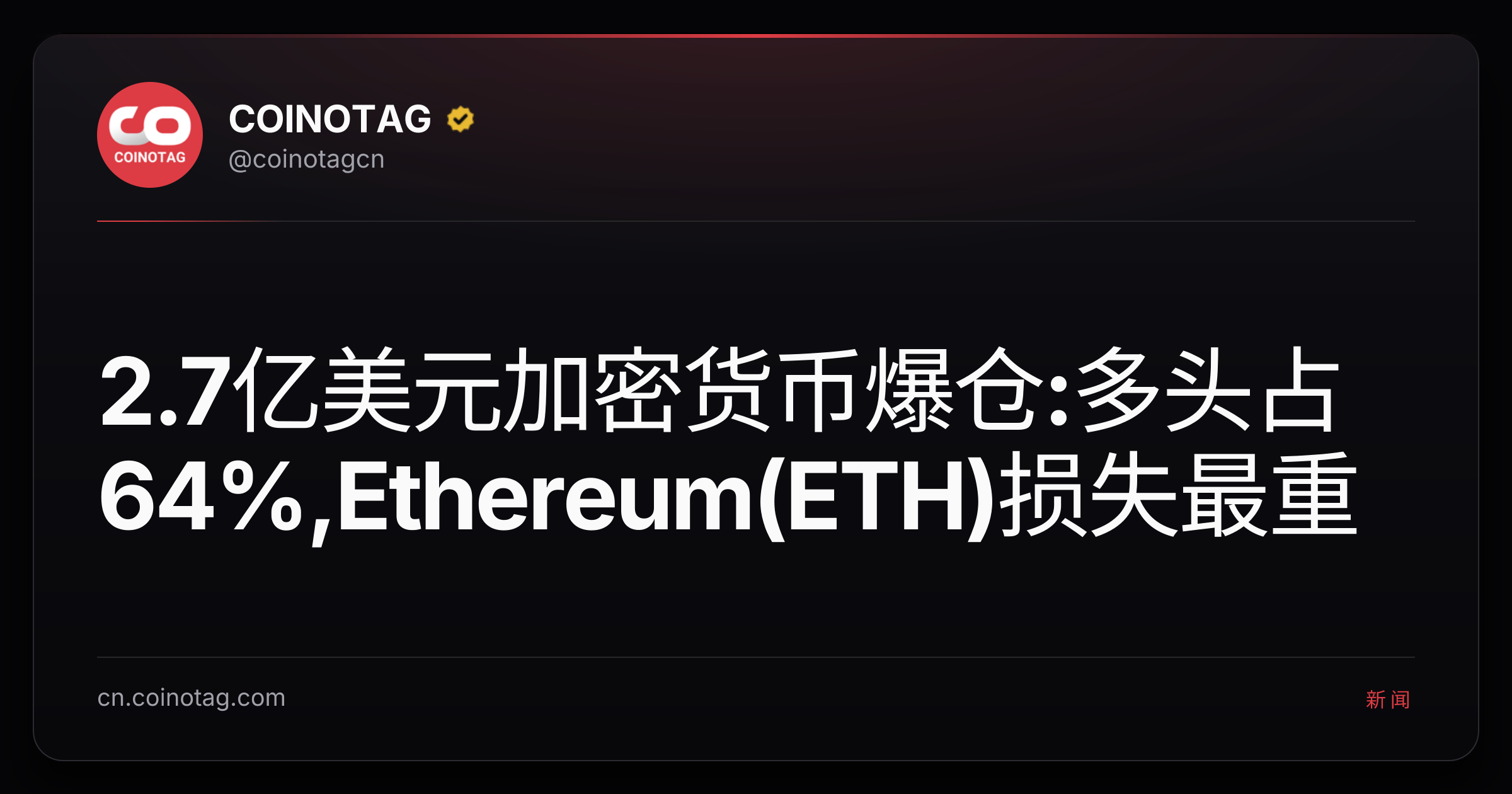 2.7亿美元加密货币爆仓:多头占64%,Ethereum(ETH)损失最重