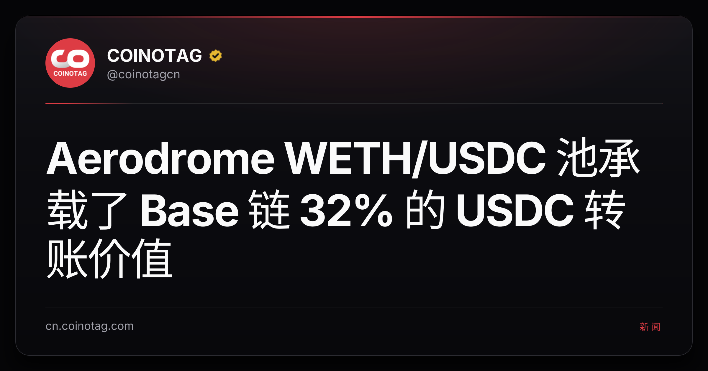 Aerodrome WETH/USDC 池承载了 Base 链 32% 的 USDC 转账价值
