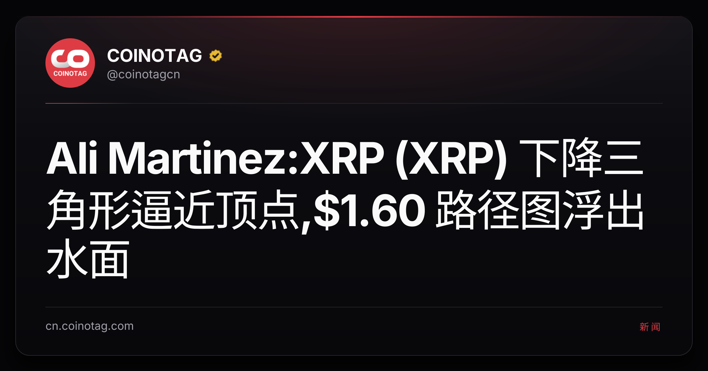 Ali Martinez:XRP (XRP) 下降三角形逼近顶点,$1.60 路径图浮出水面