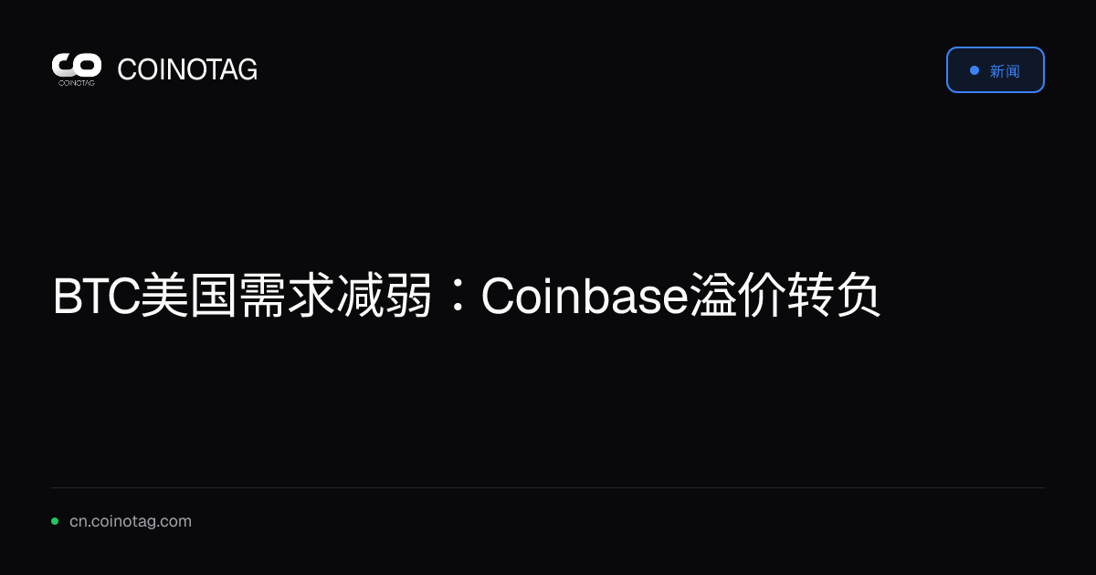 BTC美国需求减弱：Coinbase溢价转负