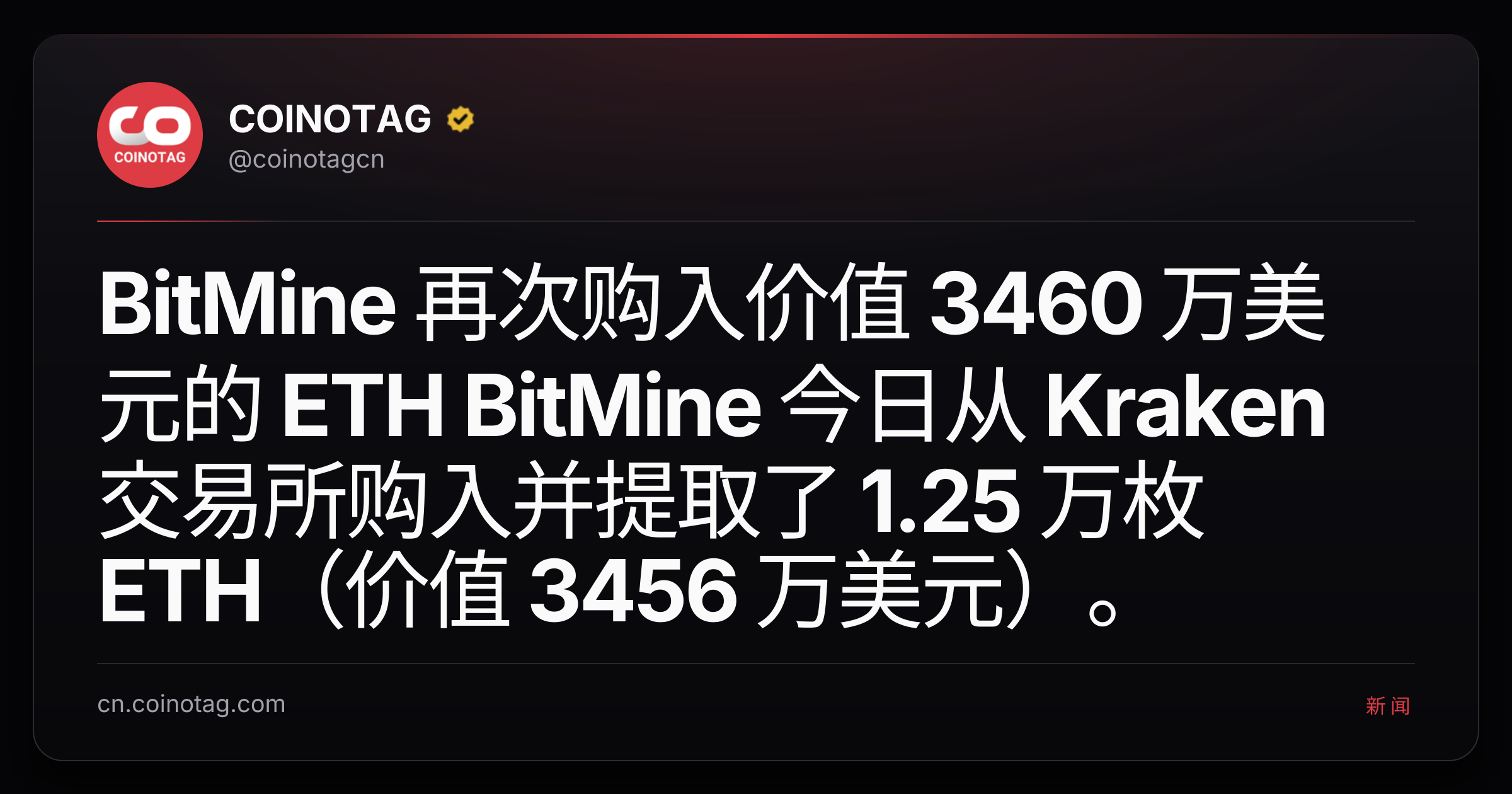 BitMine 再次购入价值 3460 万美元的 ETH

BitMine 今日从 Kraken 交易所购入并提取了 1.25 万枚 ETH（价值 3456 万美元）。