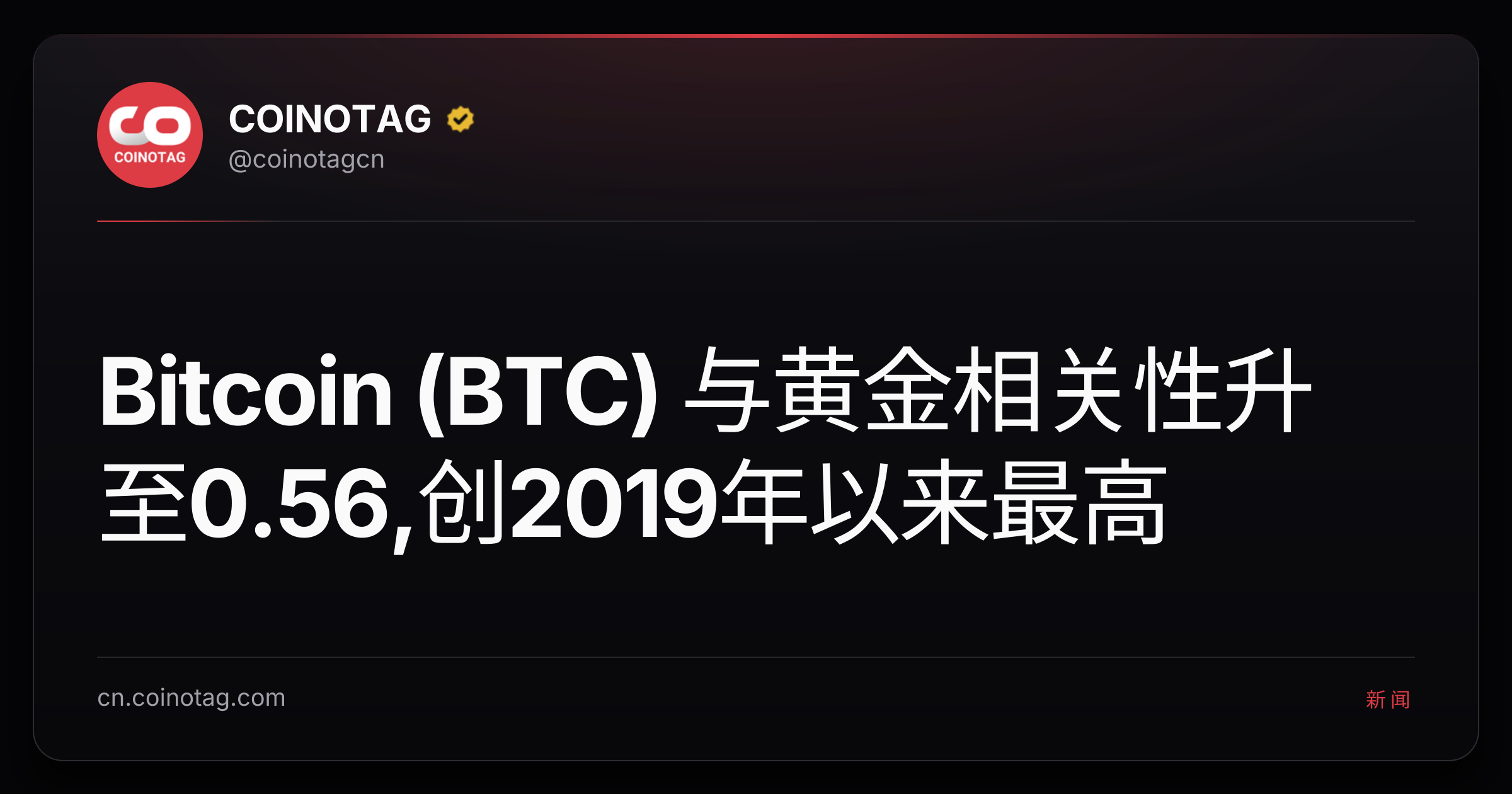 Bitcoin (BTC) 与黄金相关性升至0.56,创2019年以来最高