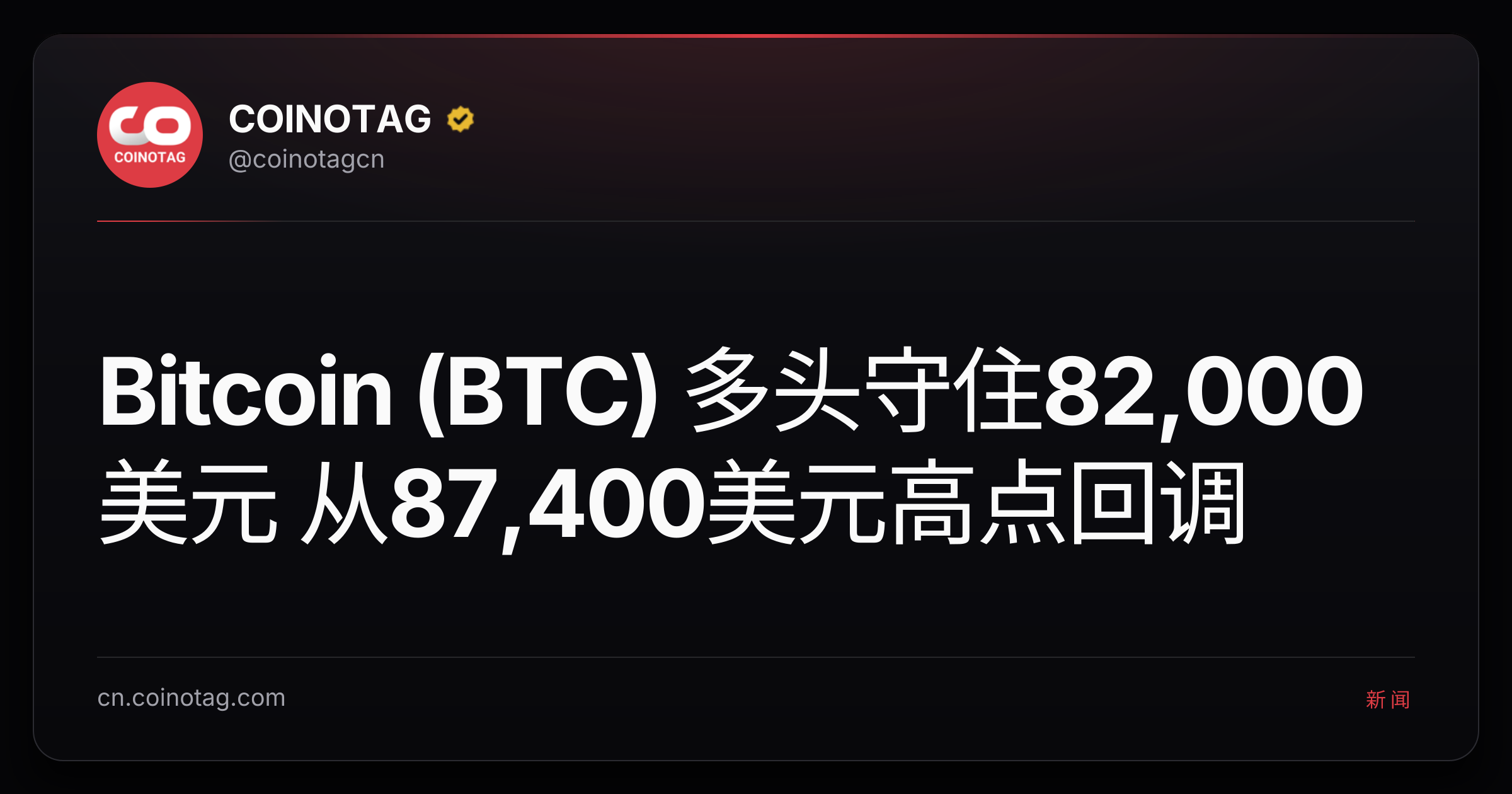 Bitcoin (BTC) 多头守住82,000美元 从87,400美元高点回调